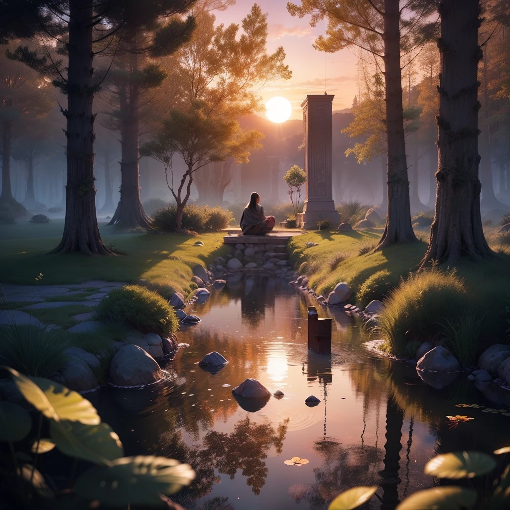 "Transport yourself to a reality where art meets imagination in a stunning digital setting. Explore the beauty of contemplation as you observe a person sitting in deep meditation, imersa em um ambiente minimalista e tranquilo. The clean lines and harmony of the Zen garden invite a person to connect with his inner essence. The carefully arranged stone passage gently crosses a small lake of serene waters, echoing the inner journey that each of us undertakes. Delicate roses punctuate the scenery, infusing it with a touch of fragrance and color, enquanto os bambus ao redor emolduram a cena, proporcionando um sentimento de privacidade serena. As the setting sun extends its rays through the branches, The golden light extends until it touches the waters of the lake, creating a mesmerizing spectacle of brilliant reflections. The minimalist environment is the embodiment of calm, inviting the contemplator to leave behind the worries of the outside world and plunge into the depths of self-knowledge. Esta imagem transcende a realidade, fundindo elementos naturais com uma sensibilidade futurista, evoking a setting that could be both a cyberpunk Tokyo scene and a sanctuary of tranquility in a Harajaku fashion world. Com um formato de 3:2 e os efeitos 8k HDR, cada pixel ganha vida, capturing the richness of detail and nuances of light that enrich this unique experience."