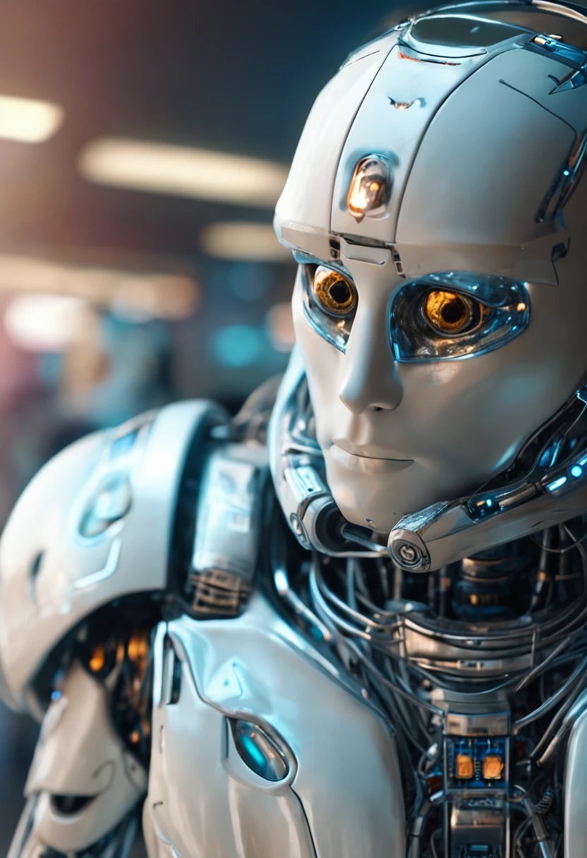 Um closeup de um astronauta com dois olhos brilhantes azuis e um corpo branco, Astronauta humanoide bonito, cute robot, adorable friendly robot, futuristic robot, humanoid robot close up, futuristic robot body, robot with human face, friendly humanoid cyber robot, A robot with masculine characteristics, Atronauta Feliz , Small spot light on robot, furto, Humanoid, friendly humanoid robot
