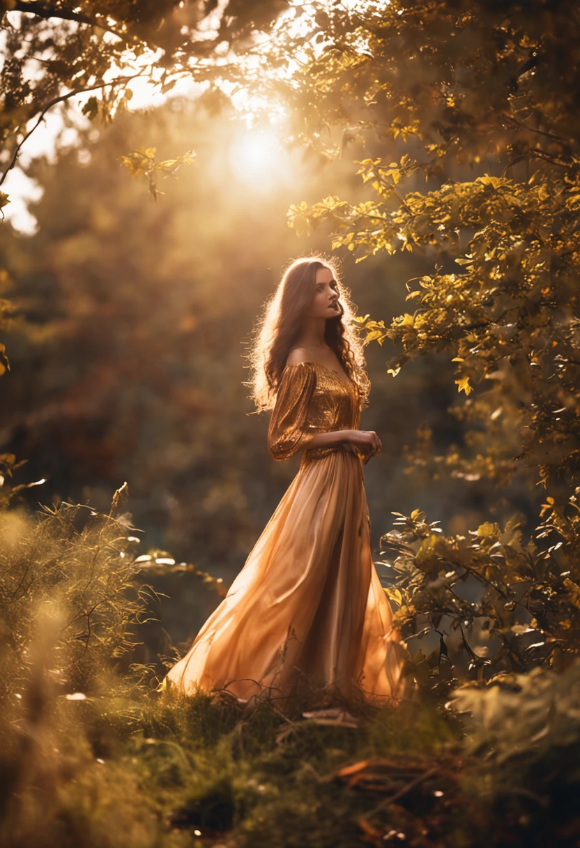 (a gorgeous brunette woman in an elegant dress and long curls) AND (goldenem Sonnenlicht umgeben) AND (idyllische Naturlandschaft)