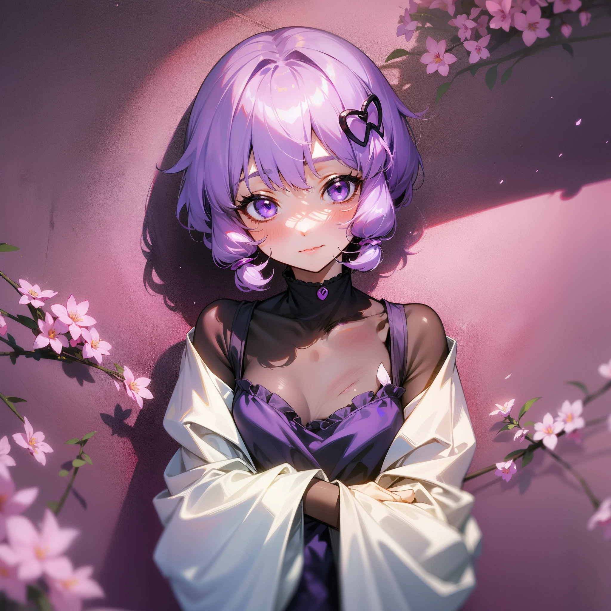 1girl in、skin gloss、Yuzuki Yukari、love you、Looking at the camera、Beautiful purple eyes、light lilac hair、short-hair、Summer Park