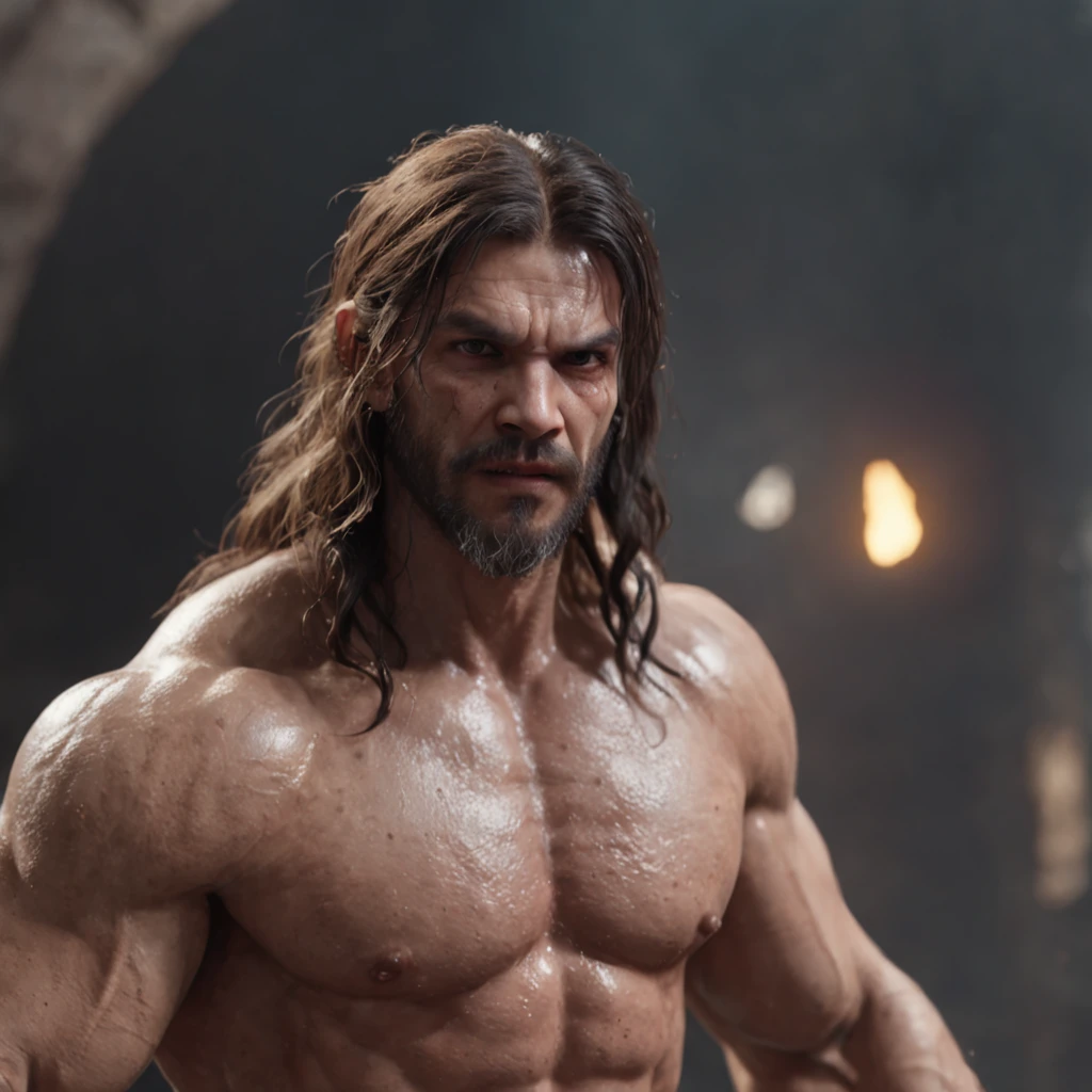 (professional 3d render:1.3) af (Realistic:1.3) most beautiful artwork photo in the world，Features soft and shiny male heroes, ((Epic hero fantasy muscle man rough wet hero angry look long hair short beard and ferocious expression in dynamic pose, Fantastic location, Majestic cluttered environment)), full body 8k unity render, action  shot, skin pore, very dark lighting, heavyshading, Detailed, Detailed face, (vibrant, photograph realistic, Realistic, Dramatic, Dark, Sharp focus, 8K), (Old leather garments damaged by weathering:1.4), ((((Wear fur)))), (Intricate:1.4), decadent, (Highly detailed:1.4), Digital painting, rendering by octane, art  stations, concept-art, smooth, Sharp focus, illustration, Art germ, (loish:0.23), wlop ilya kuvshinov, and greg rutkowski and alphonse mucha gracias, (Global illumination, Studio light, volumettic light), heavy rain, particles floating, lotr, fantasy, elf, full bodyesbian, ((Dark and ancient city background:1.3)),CGSesociety,art  stations