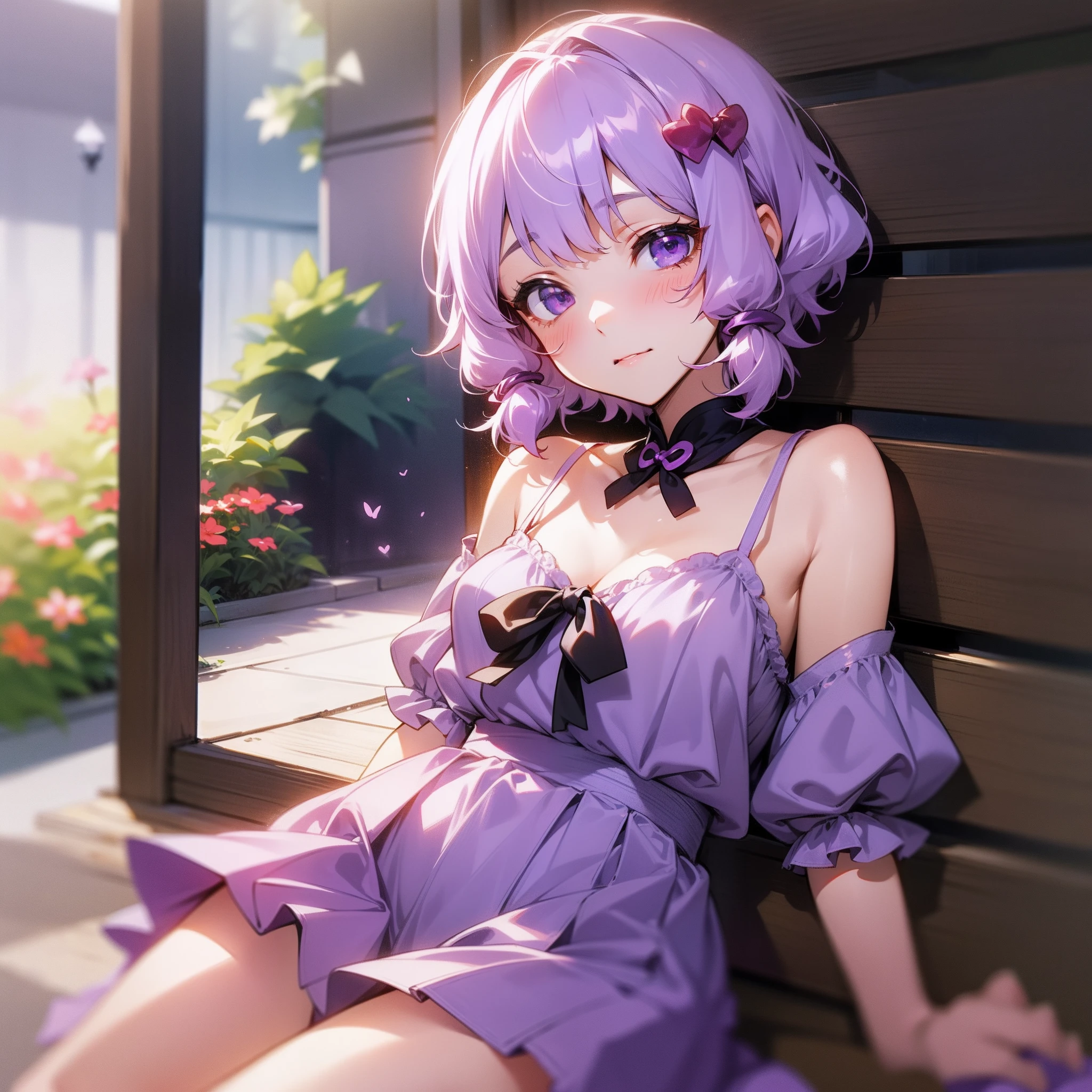 1girl in、skin gloss、Yuzuki Yukari、love you、Looking at the camera、Beautiful purple eyes、light lilac hair、short-hair、Summer Park