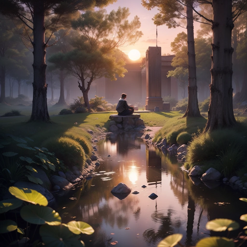 "Transport yourself to a reality where art meets imagination in a stunning digital setting. Explore the beauty of contemplation as you observe a person sitting in deep meditation, imersa em um ambiente minimalista e tranquilo. The clean lines and harmony of the Zen garden invite a person to connect with his inner essence. The carefully arranged stone passage gently crosses a small lake of serene waters, echoing the inner journey that each of us undertakes. Delicate roses punctuate the scenery, infusing it with a touch of fragrance and color, enquanto os bambus ao redor emolduram a cena, proporcionando um sentimento de privacidade serena. As the setting sun extends its rays through the branches, The golden light extends until it touches the waters of the lake, creating a mesmerizing spectacle of brilliant reflections. The minimalist environment is the embodiment of calm, inviting the contemplator to leave behind the worries of the outside world and plunge into the depths of self-knowledge. Esta imagem transcende a realidade, fundindo elementos naturais com uma sensibilidade futurista, evoking a setting that could be both a cyberpunk Tokyo scene and a sanctuary of tranquility in a Harajaku fashion world. Com um formato de 3:2 e os efeitos 8k HDR, cada pixel ganha vida, capturing the richness of detail and nuances of light that enrich this unique experience."