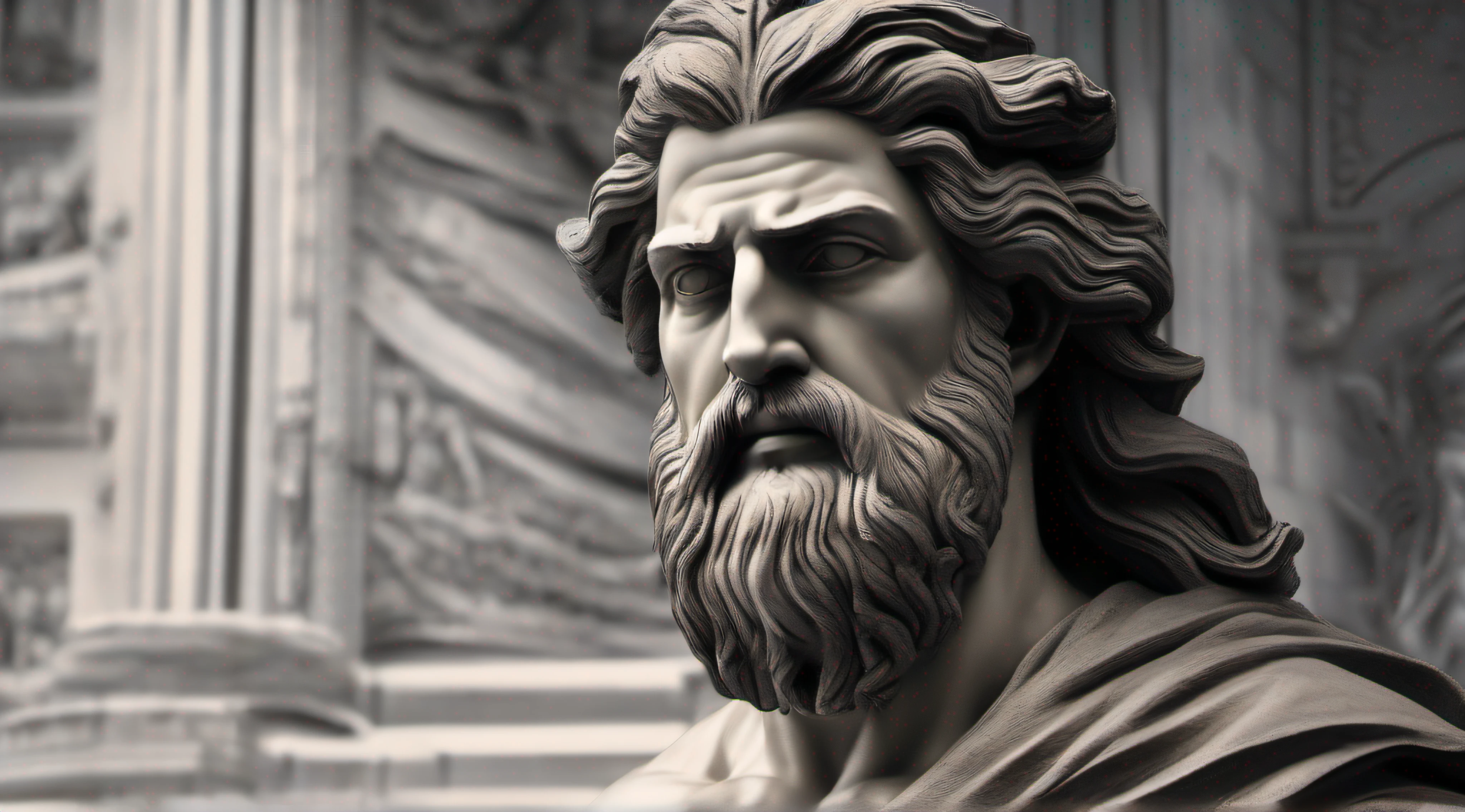 An ancient statue of a stoic man, muscular and confident, staggering eyes, long beard and hair, slightly washed up, covered by musk and dust, abandoned in a temple, full body length, alone in the dark, superb focus/angle, cinematic lens, cinematographic, black and white, neutral background, warm lights, parallax effect blending the statue and the background, super realistic, made by a prodigious sculptist, deep and serious feel/look, Masterpiece, state-of-the-art, rare talent artist, hyperdimentional, super realistic, dystopian, strong sense of art, masterful sculpture, inspiring presence of spirit, main character of a greek epic, zeus, godlike, powerful pose, BEST QUALITY, 8K