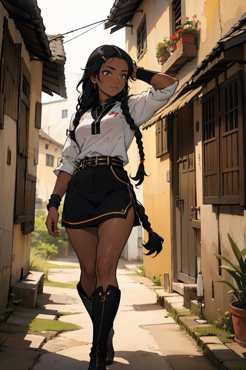 Pele muito negra, pele muito escura, fashions clothes, uma mulher negra, pele negra, cabelo crespo, linda, cabelo branco, fine African braids, olhos grandes, olhos de anime, olhos verdes, pele negra, Landing for a camera, pose meiga, pose fofa, roupas de inverno totalmente brancas peludas e peludas, botas peludas, camisola peluda, a musa de pele negra. Nevando