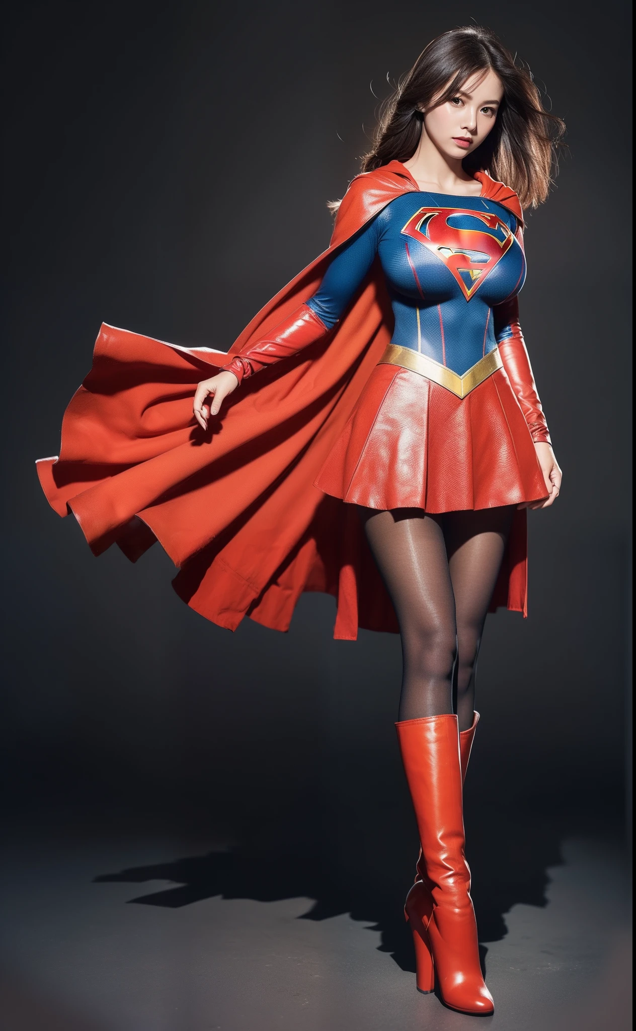 (((Make the most of the original image)))、(((Supergirl Costume)))、(((lustrous dark hair)))、(((Suffering)))、(((Feet must necessarily be worn with black tights)))、(((You need to wear red boots)))、((Top image quality、8K))、((top-quality、8K、​masterpiece:1.3))、Crisp focus:1.2、Beautiful woman with perfect body shape:1.4、Slender Abs:1.2、((layers-Cut、large boob:1.2))、a wet body:1.5、Highly detailed facial and skin texture、