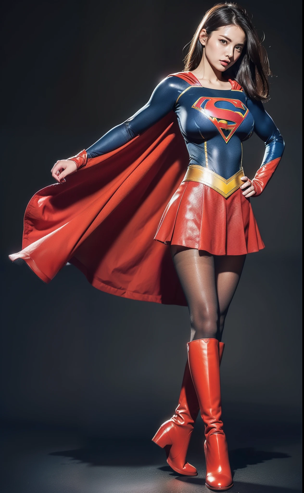 (((Make the most of the original image)))、(((Supergirl Costume)))、(((lustrous dark hair)))、(((Suffering)))、(((Feet must necessarily be worn with black tights)))、(((You need to wear red boots)))、((Top image quality、8K))、((top-quality、8K、masterpiece:1.3))、Crisp focus:1.2、Beautiful woman with perfect body shape:1.4、Slender Abs:1.2、((layers-Cut、large boob:1.2))、a wet body:1.5、Highly detailed facial and skin texture、