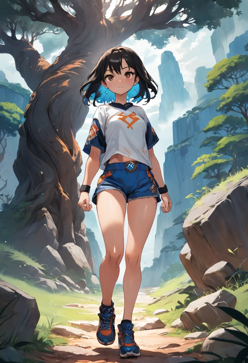a woman walking down a cliff path with a large tree on the ground and around several bright gemstones being that the character is in a frontal pose with her hands down, e botas de caminhada, 1girl, solo, cabelo preto, camiseta laranja, luva de boxe, luva de MMA, kalap, bone, chapeu de campones de palha, colar com simbolo, cabelo longo, botas, shorts, caminhando, capa, ao ar livre, luvas sem dedos, botas, cabelo curto, jaqueta, cabelo preto, luvas pretas, fundo branco, corpo inteiro, sorriso, shorts, cinto, corrida, salto, pulo, soco e chute.