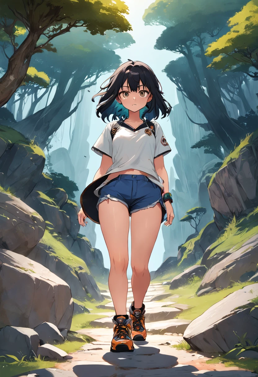 a woman walking down a cliff path with a large tree on the ground and around several bright gemstones being that the character is in a frontal pose with her hands down, e botas de caminhada, 1girl, solo, cabelo preto, camiseta laranja, luva de boxe, luva de MMA, kalap, bone, chapeu de campones de palha, colar com simbolo, cabelo longo, botas, shorts, caminhando, capa, ao ar livre, luvas sem dedos, botas, cabelo curto, jaqueta, cabelo preto, luvas pretas, fundo branco, corpo inteiro, sorriso, shorts, cinto, corrida, salto, pulo, soco e chute.
