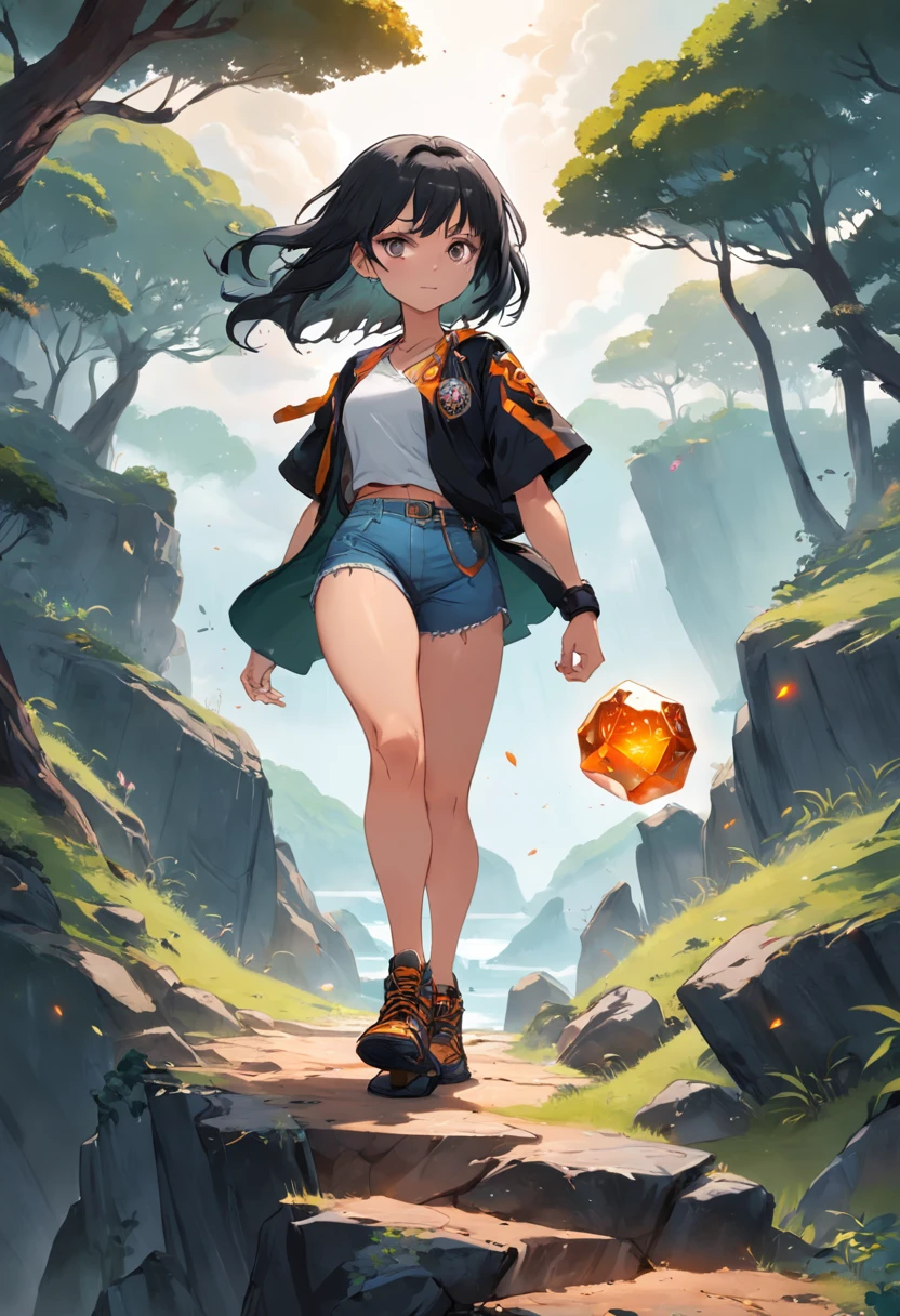 a woman walking down a cliff path with a large tree on the ground and around several bright gemstones being that the character is in a frontal pose with her hands down, e botas de caminhada, 1girl, solo, cabelo preto, camiseta laranja, luva de boxe, luva de MMA, kalap, bone, chapeu de campones de palha, colar com simbolo, cabelo longo, botas, shorts, caminhando, capa, ao ar livre, luvas sem dedos, botas, cabelo curto, jaqueta, cabelo preto, luvas pretas, fundo branco, corpo inteiro, sorriso, shorts, cinto, corrida, salto, pulo, soco e chute.