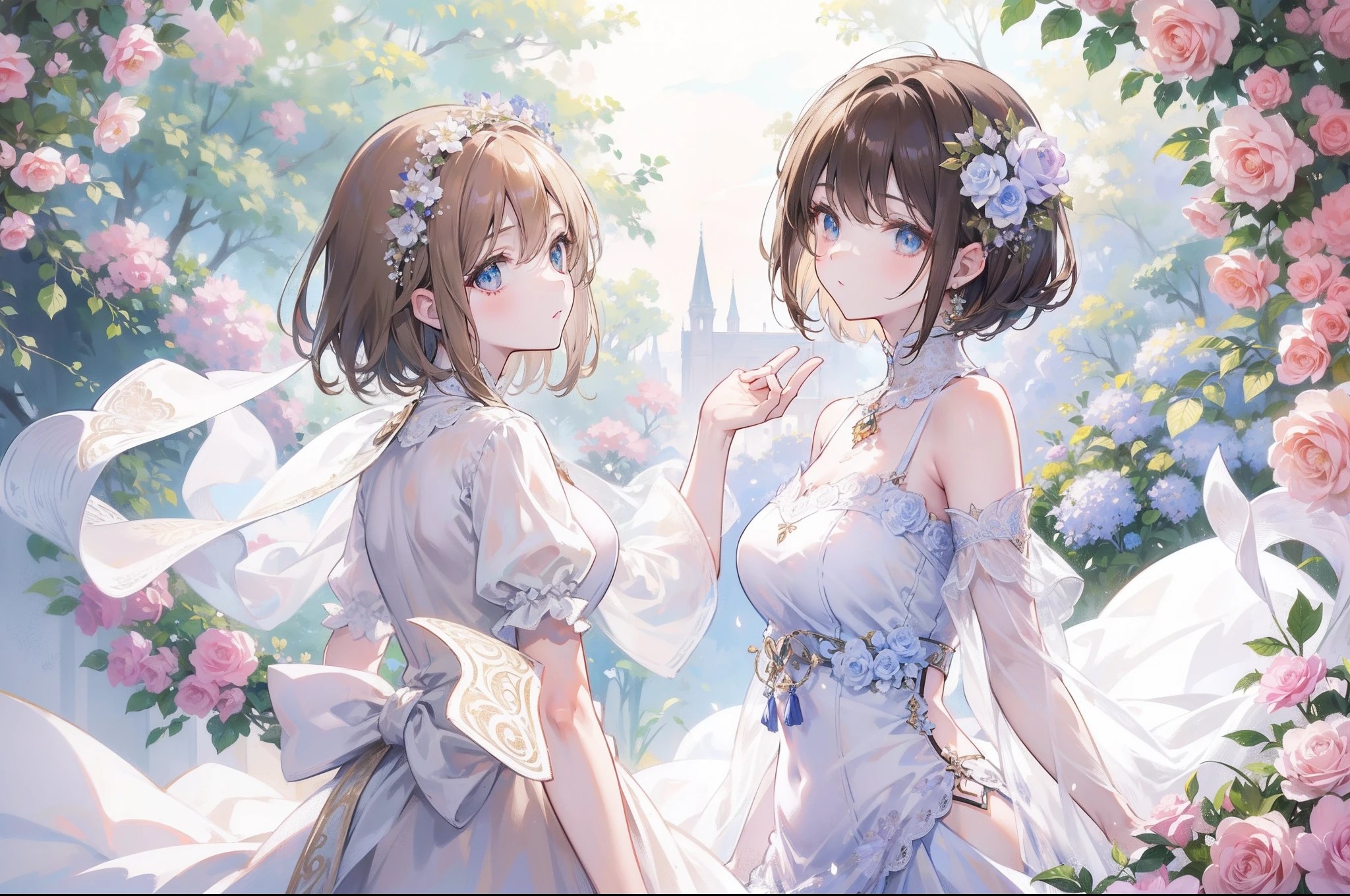 Official Art, Masterpiece European female, elvish, short hair, pale brown hair , brown eyes, (masterpiece、top-quality、hight resolution: 1.4),in 8K, Drawing of a woman with short pale brown hair, Anime Art Nouveau, highly detailed exquisite fanart, anime fantasy illustration, clean detailed anime art, detailed anime art, Sharp Focus, Delicate Beautiful Hair and Eyes and Face, realisitic, ultra-detailliert, flower garden, sunlight, white summer dress