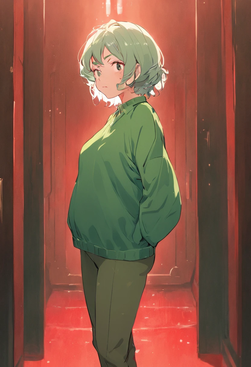 beautiful old british woman above 60 with curvy and attractive hourglass body type wearing blue jeans pant and green color skinfit top in the beautiful red color room, full body preview, room light is very bright like day light,very bright and real colors, clear facial features, Cinematic, 35mm lens, f/1.8, accent lighting, global illumination --uplight --v 5.2