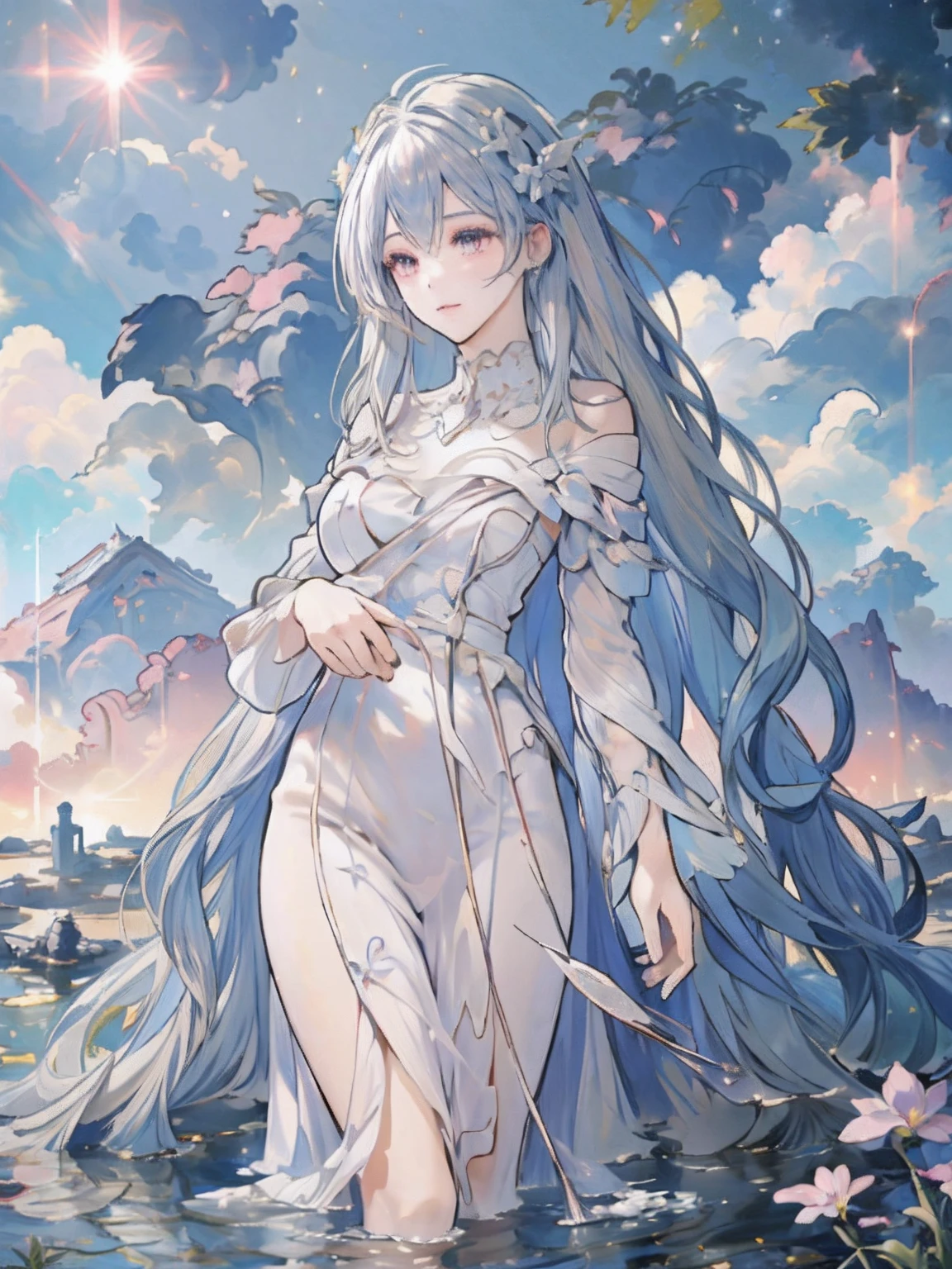 anime girl with long white silver hair standing in water with flowers, anime goddess, white haired deity, trending on artstation pixiv, cute anime waifu in a nice dress, ((a beautiful fantasy empress)), beautiful anime artwork, ”beautiful anime woman, portrait knights of zodiac girl, masterpiece goddess of sorrow, beautiful anime art, beautiful anime woman, White silver long hair,lovely pink eye,anime goddess,White long dress with silk,happy smile face,elegant woman,clear blue sky background,middle of colourful flower fields,flower crown,colourful and shining , detailed digital anime art,white haired deity,8k high quality detailed art,fantasy art,beautiful fantasy anime artwork,beautiful fantasy illustrate,fantasy art style,beautiful and elegant goddess, 2.5 d cgi anime fantasy anime artwork,goddess of flower,beautiful flower field,white hair,detailed beautiful face