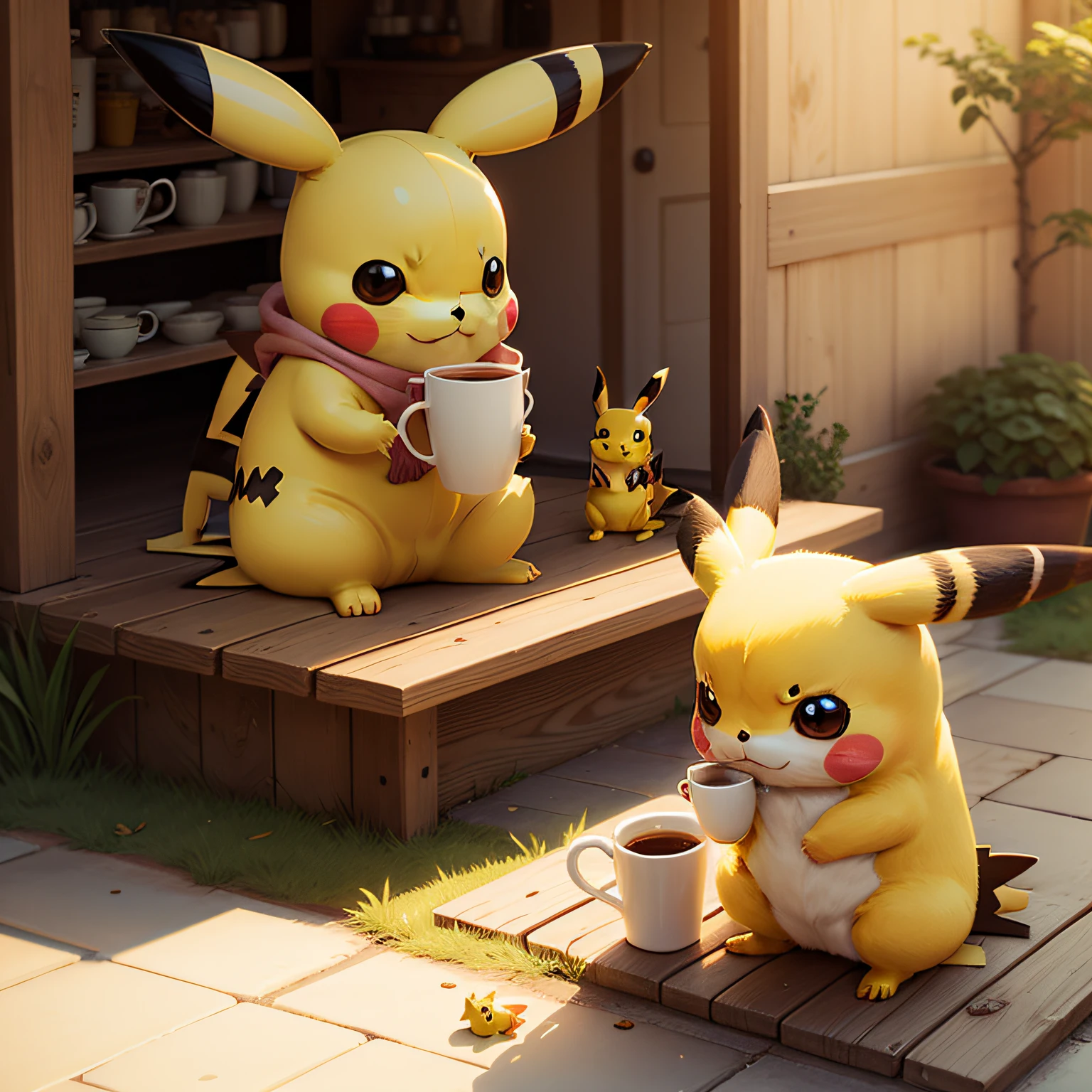 Pikachu sat on the ground drinking coffee,Very calm mood, The loveliestest, cartoony