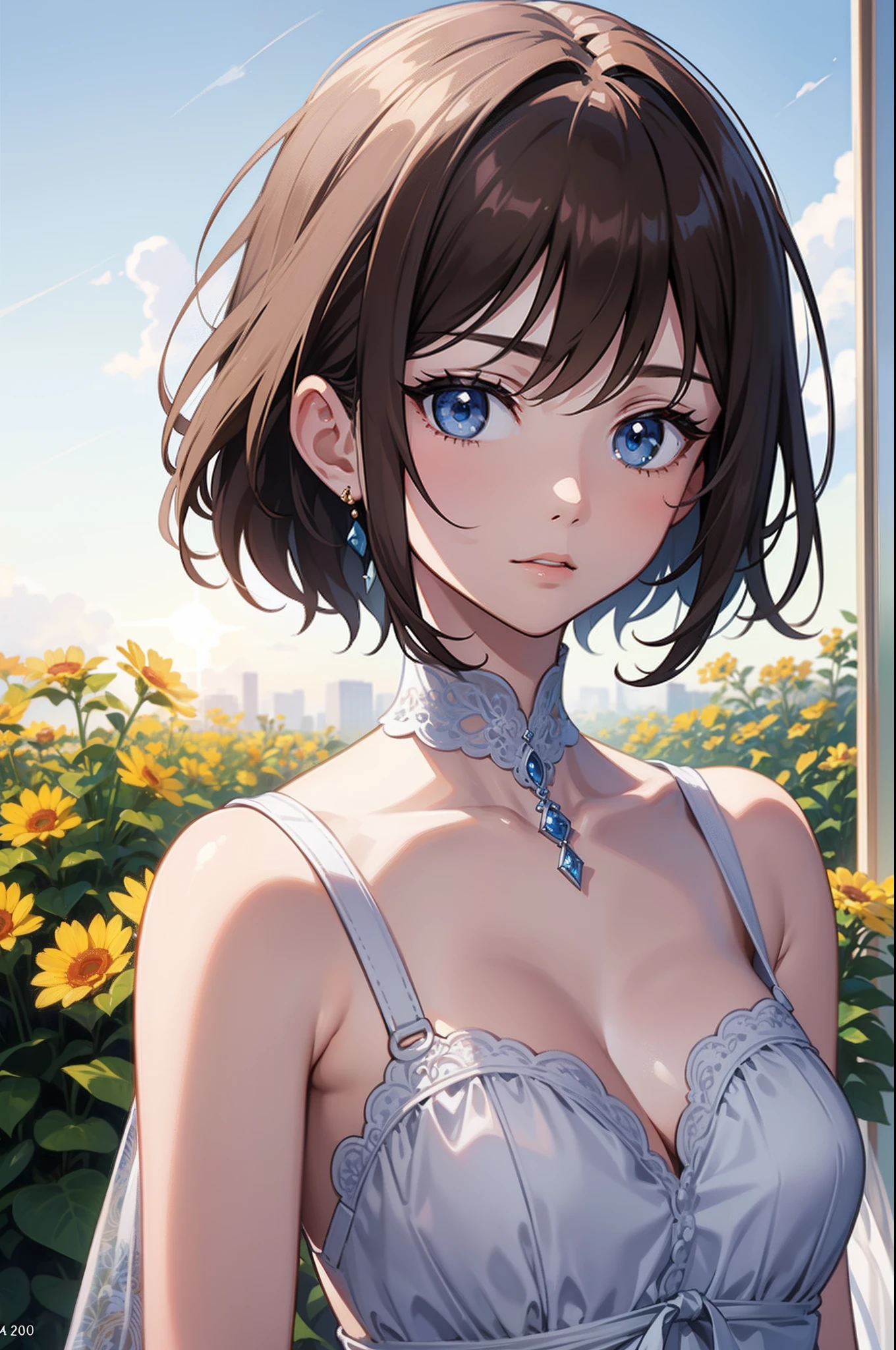 Official Art, Masterpiece European female face, short hair, lightbrown hair, brown eyes , flower garden , (​masterpiece、top-quality、hight resolution: 1.4),in 8K, Drawing of a woman with short lightbrown hair, highly detailed exquisite fanart, anime fantasy illustration, clean detailed anime art, detailed anime art, Sharp Focus, Delicate Beautiful Hair and Eyes and Face, realisitic, ultra-detailliert, a beauty girl, sunlight