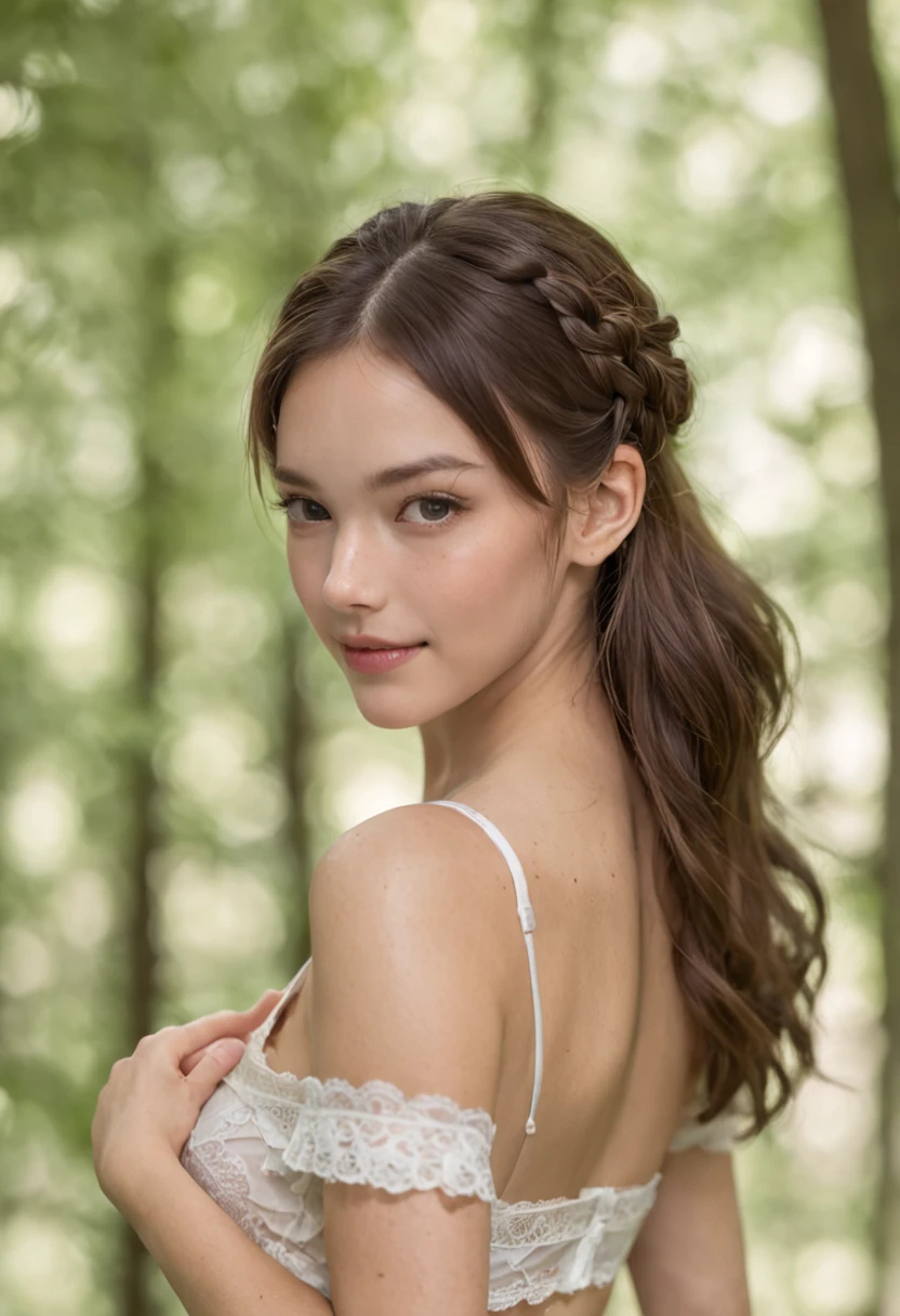 Photo of a beautiful girl in sexy white lingerie, at a forest, Brown hair with a ponytail braided, Slim body, Watching from behind, Full body shot, Looking at the camera, Cute smile, Shallow depth of field