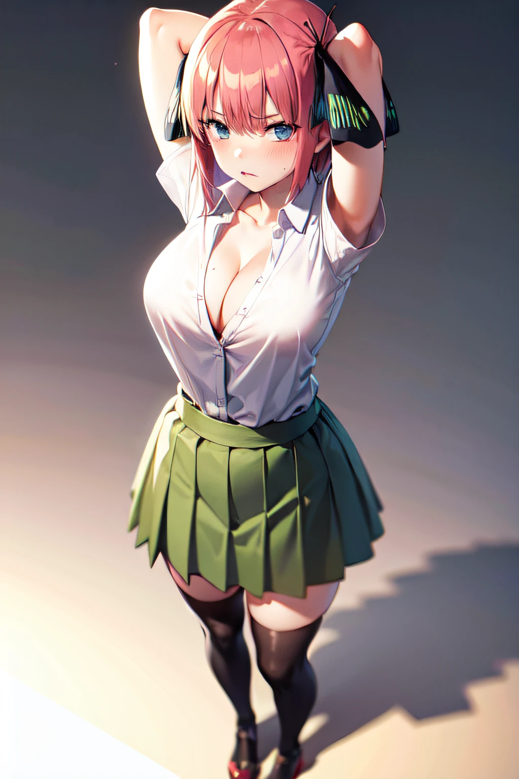 masterpiece, best quality, highres, Nakano nino, 1girl, solo, pink hair, short hair, busty, butterfly hair ornament, large breasts, cleavage, green skirt, white shirt, collared shirt, open clothes, black thighhighs, short sleeves, skirt lift, looking at viewer, annoyed, blush, full body, standing, simple background, arms behind head, (erotic pose:1.4)