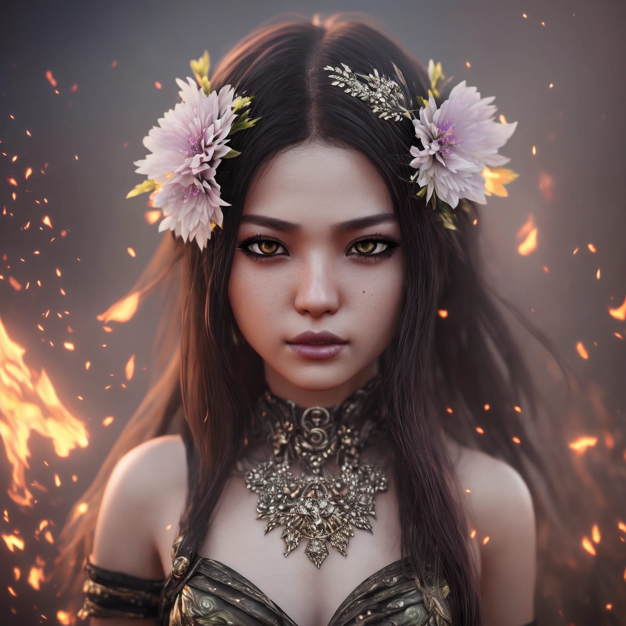 Sparkling electric eyes, in magical realistic with dark fire, asian, black lipstick, flowers on head, (half height:1.3) ultra realistic, hyper realistic, volumetric light, soft light, (bw:1.1), ((CryEngine 3)) --auto --s2