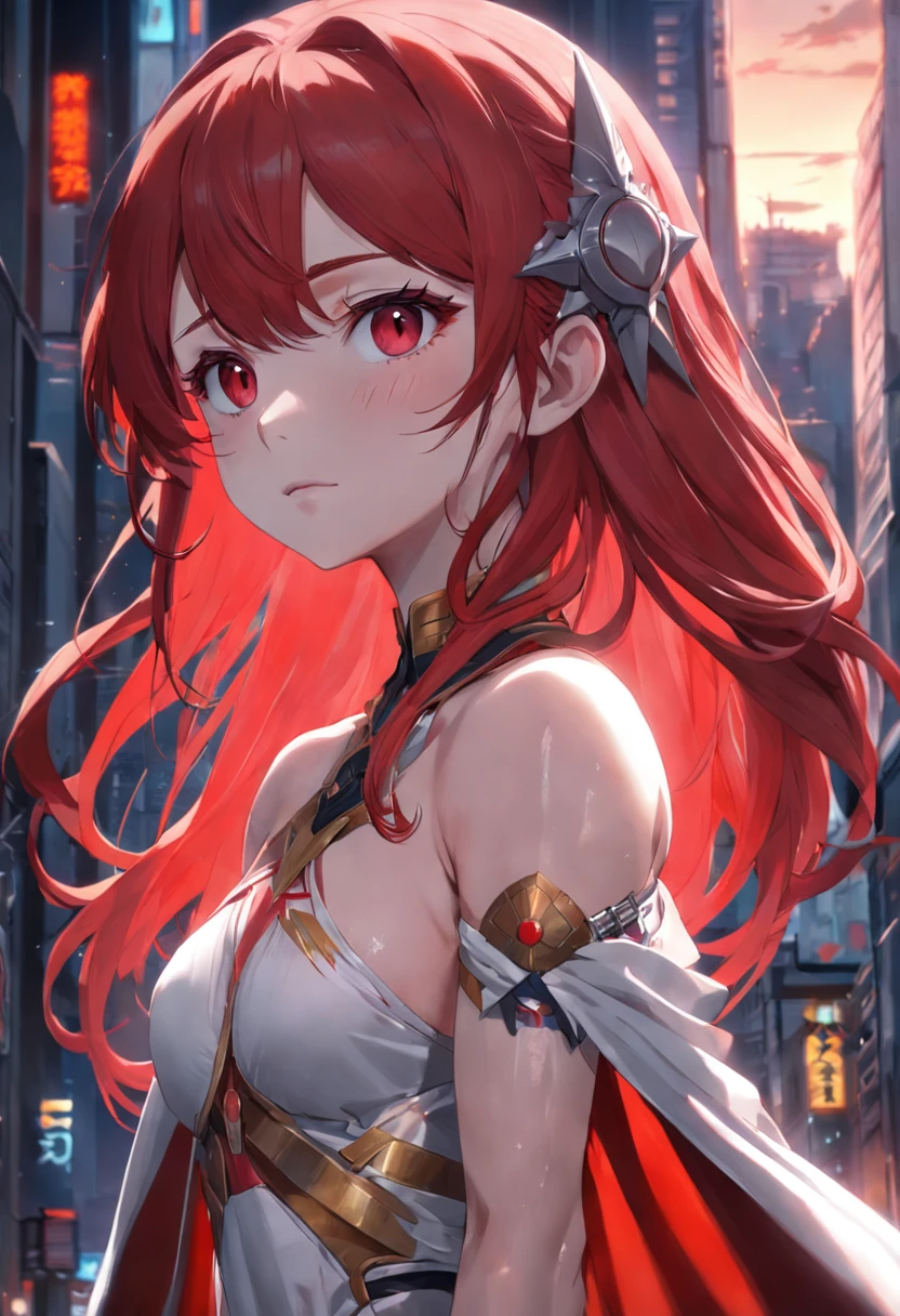 Rias Gremory, a young woman who appears to be in her late teens with light skin, blue eyes (blue-green in the anime) and a buxom figure. Her most distinctive feature is her long, crimson red hair that reaches down to her thighs, with a single hair strand (known in Japan as ahoge) sticking out from the top.