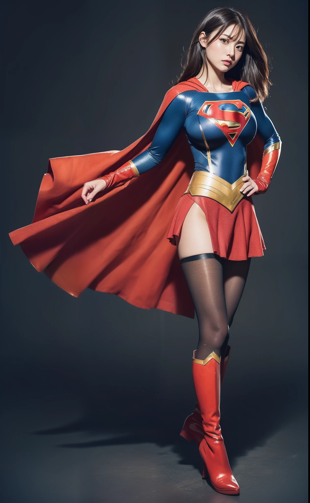 (((Make the most of the original image)))、(((Supergirl Costume)))、(((lustrous dark hair)))、(((Suffering)))、(((Feet must necessarily be worn with black tights)))、(((You need to wear red boots)))、((Top image quality、8K))、((top-quality、8K、masterpiece:1.3))、Crisp focus:1.2、Beautiful woman with perfect body shape:1.4、Slender Abs:1.2、((layers-Cut、large boob:1.2))、a wet body:1.5、Highly detailed facial and skin texture、