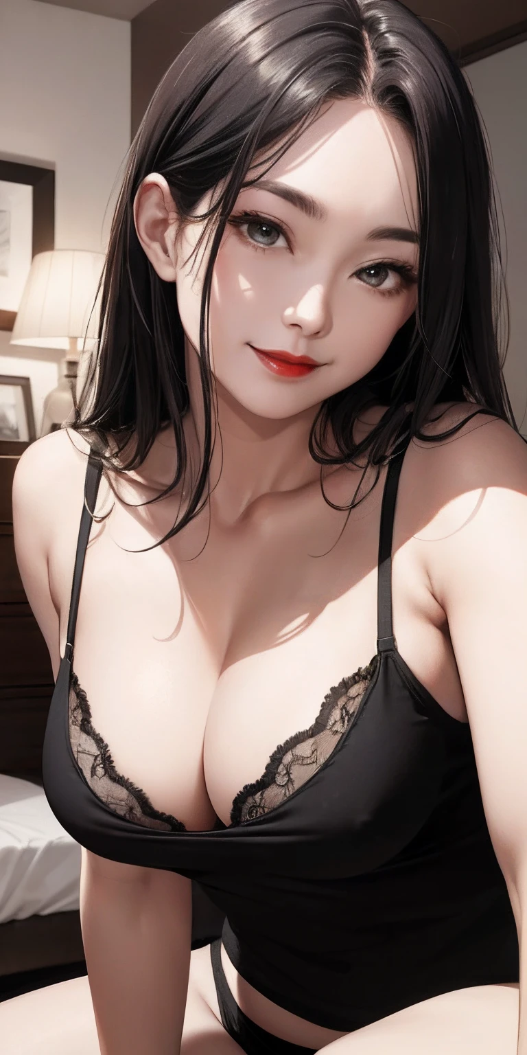 realisticlying、Female, 50 years old、Face and chest close-up、Elegant Hair、Wearing a black mesh camisole、Breasts enlarged、Cleavage emphasis，sit on a bed，Staring at this，Face Zoom，Smile，Room dark、Red lips、cheeks a little red、sexly