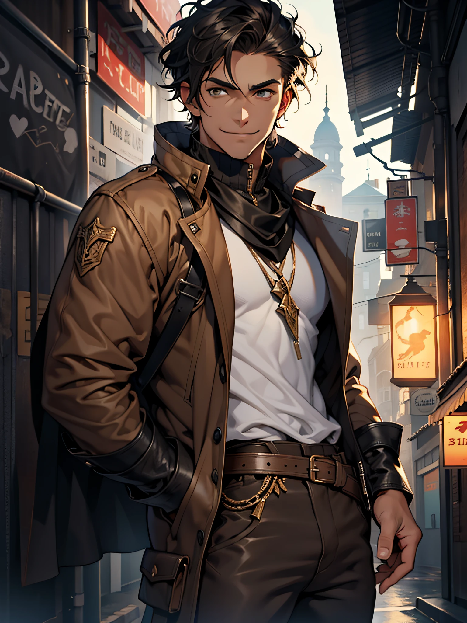 1boy, light caramel skin color, medium rough black hair, fantasy clothes, jacket, brown pants, brown eyes, smirking, absurdres, high res, ultrasharp, 8K, masterpiece, looking at viewer