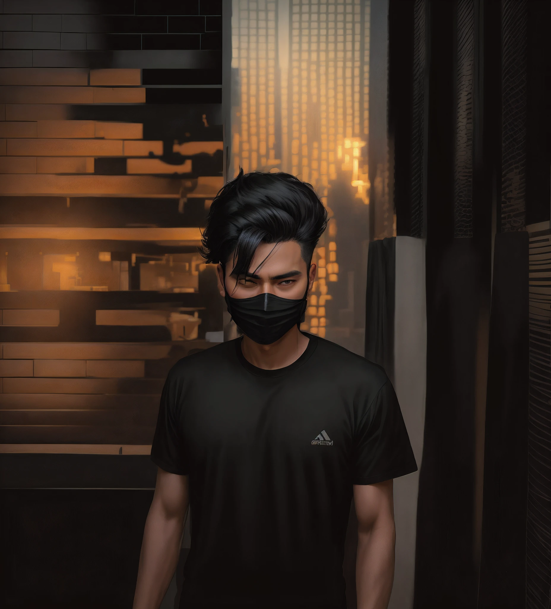 there is a man wearing a mask and a black shirt, wearing all black mempo mask, wearing mask, wearing facemask, in the style of sifu 🔥 😎 🕹️ 👀 :2, realism artstyle, portrait shot 8 k, wearing a mask, facemask, made with photoshop, mohamed chahin style, smooth in _ the background