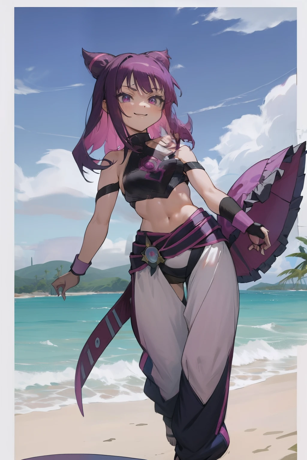 Crea una foto de Hyuuga Hinata peleando,en guardia, pechos gigantescos, pantalones cortos de jean, Parte superior blanca, purple hair, ruboroso, sonriente, chaqueta azul, en la playa, muslos gruesos, Cara hermosa, bonita sonrisa, ojos grandes, asymmetrical bangs, ligeramente tiene abdominales, small waist, Showing through the top, posando junto a una pared, Palmera de fondo con playa, solamente, 1girl, hermoso cielo, Peleando, pose de pelea, Fighting pose , en guardia,