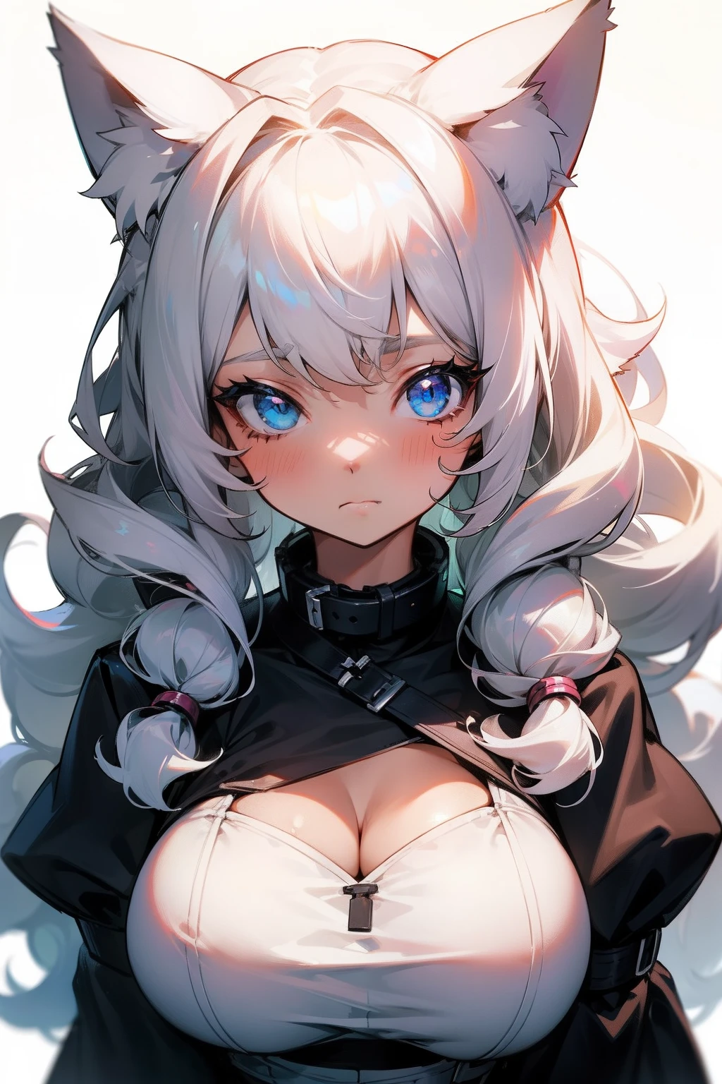 bust-up, girl, big boobs, cat ears, white hair, collar, close up, long hair, curly, neutral face, pngtuber, front