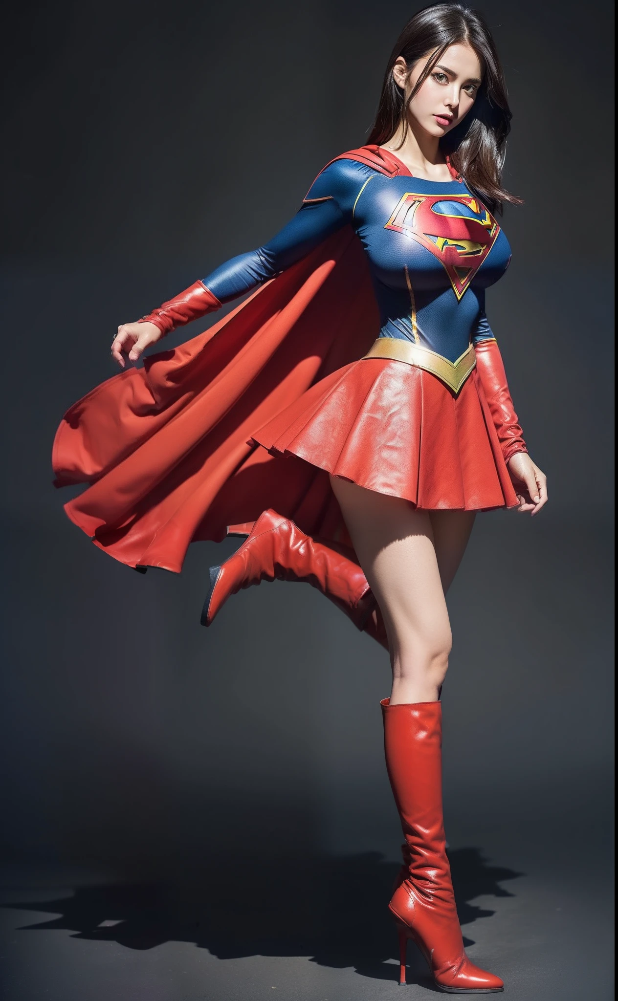 (((Make the most of the original image)))、(((Supergirl Costume)))、(((lustrous dark hair)))、(((Suffering)))、(((Feet must necessarily be worn with black tights)))、(((You need to wear red boots)))、((Top image quality、8K))、((top-quality、8K、masterpiece:1.3))、Crisp focus:1.2、Beautiful woman with perfect body shape:1.4、Slender Abs:1.2、((layers-Cut、large boob:1.2))、a wet body:1.5、Highly detailed facial and skin texture、