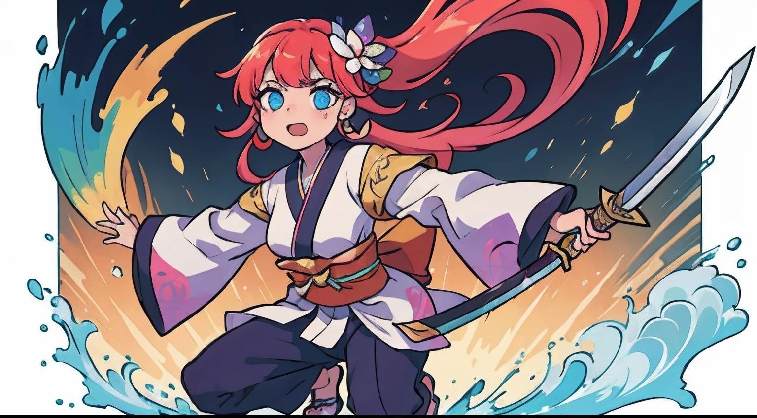 teens girl、Practice dancing with a sword、Fine pattern Japan sword、full body Esbian、ultradetailed eyes、Rainbow painting drops、Full Paint、Splash、Long color hair、Paint Kimono、Super luxury kimono、Rainbow Paint Kimono、（hair adornments、耳Nipple Ring、Floral hair ornament、butterfly hair ornament）、Sword Practice、Sweat on the face