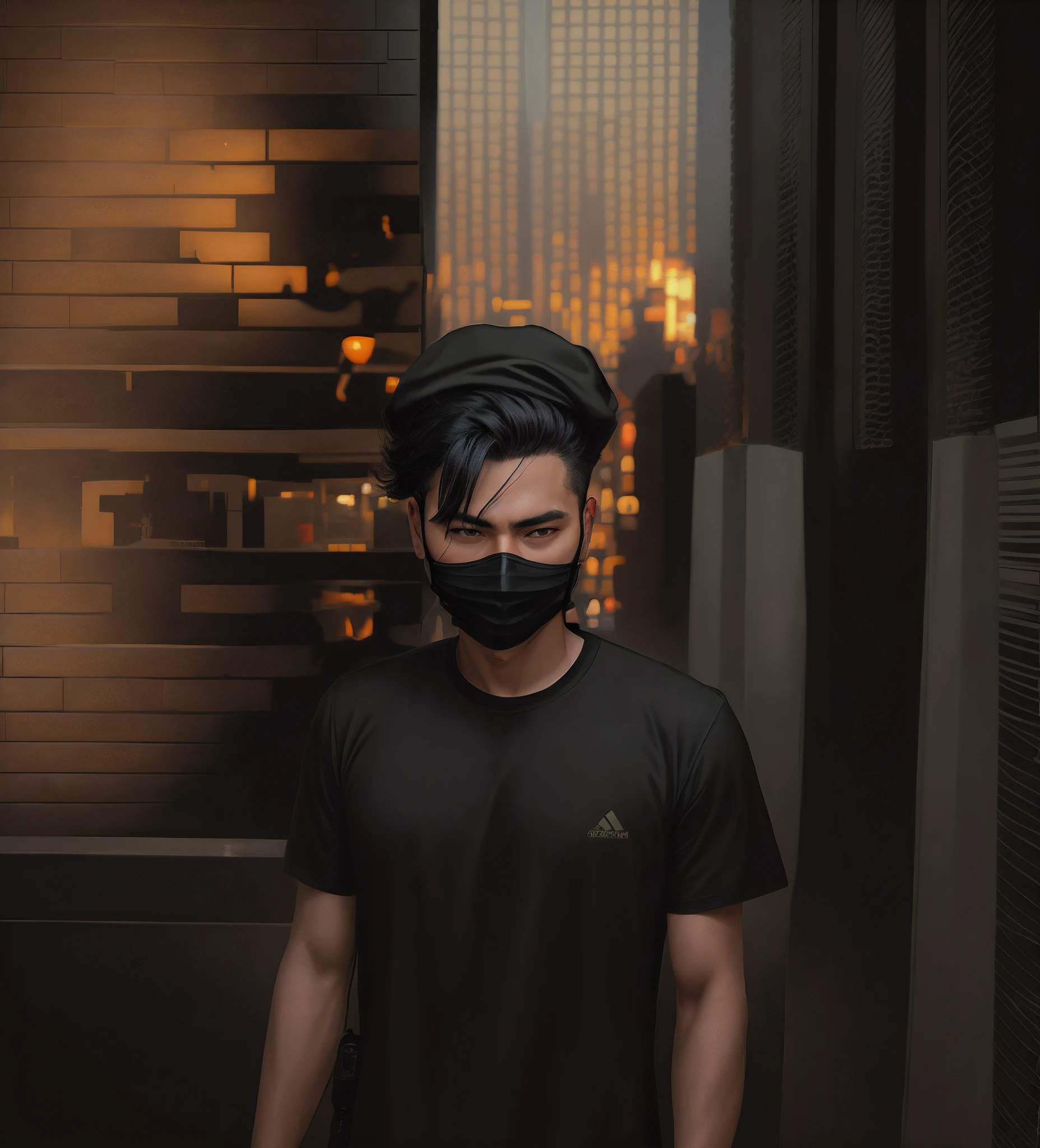 there is a man wearing a mask and a black shirt, wearing all black mempo mask, wearing mask, wearing facemask, in the style of sifu 🔥 😎 🕹️ 👀 :2, realism artstyle, portrait shot 8 k, wearing a mask, facemask, made with photoshop, mohamed chahin style, smooth in _ the background