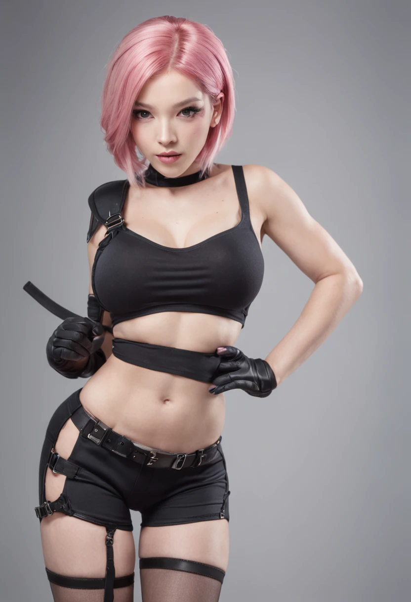 Beautiful woman, 1 girl, pink hair woman, fighting stance, black pantyhose, black gloves, sports bra, jewelry, shorts, J thighs. pink hair, drills, asymmetrical hair,