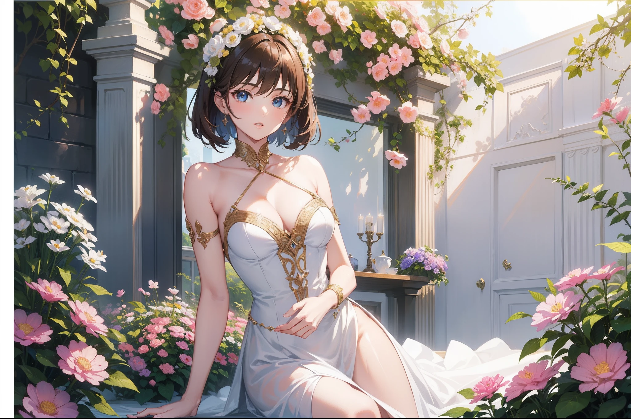 Official Art, Masterpiece European female face, short hair, lightbrown hair, brown eyes , flower garden , (​masterpiece、top-quality、hight resolution: 1.4),in 8K, Drawing of a woman with short lightbrown hair, highly detailed exquisite fanart, anime fantasy illustration, clean detailed anime art, detailed anime art, Sharp Focus, Delicate Beautiful Hair and Eyes and Face, realisitic, ultra-detailliert, a beauty girl, sunlight