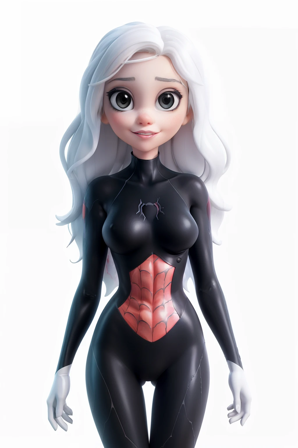 a white girl,whitebackground ,Close -up,big eyes,black lipstick,black makeup,Spider Gwen,Spider suit,Adhesive suit