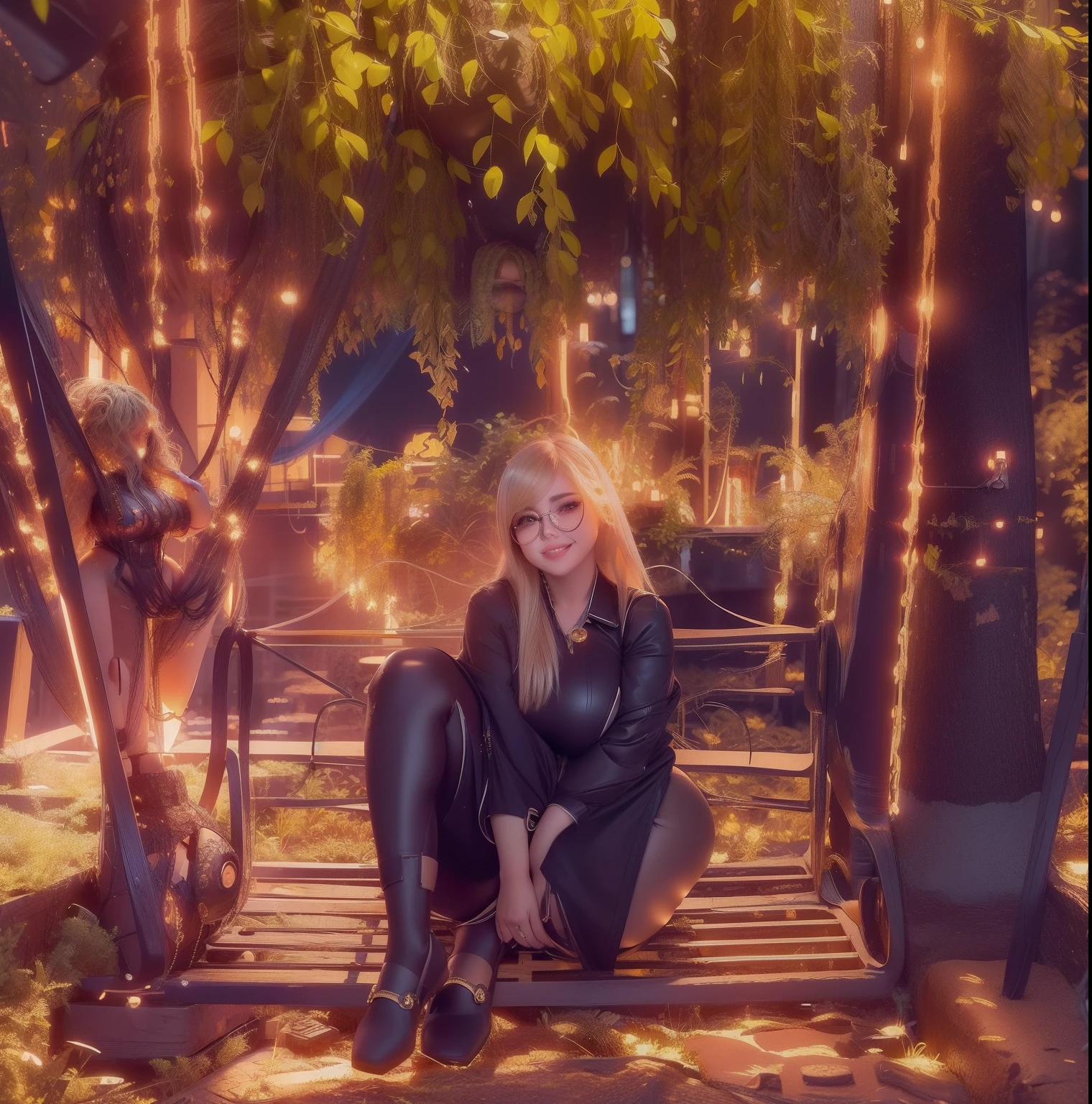 Gynoid, doll joints, spread legs, ass focus, (((voluptuous))), wide hips, thick thighs, huge breasts, smile, looking at viewer, long blonde hair, black dress, ((romantic lighting))