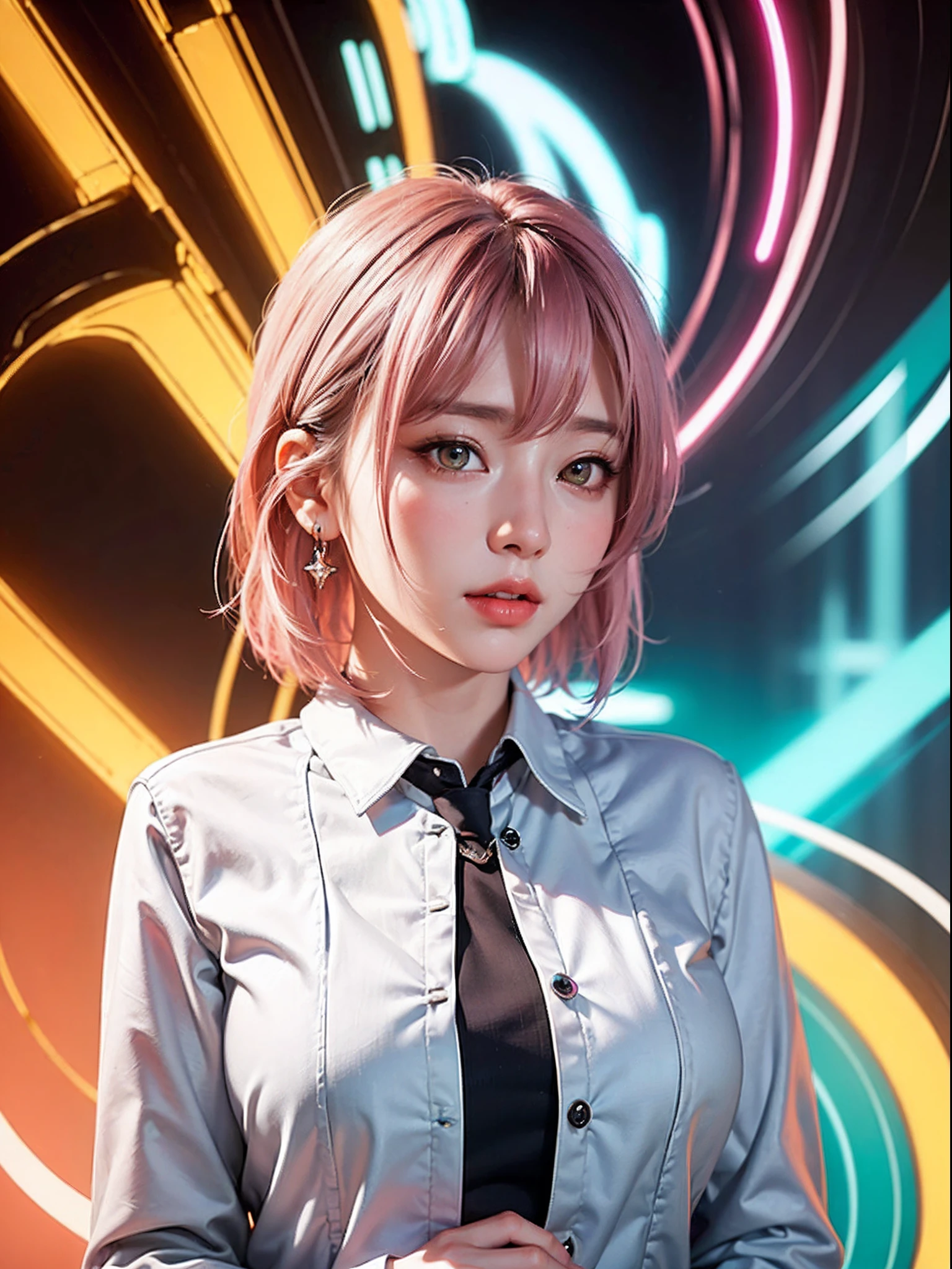 1girl, 8k portrait of beautiful girl with pink hair, intricate, elegant, realistic photography, light background (masterpiece, sidelighting, finely detailed beautiful eyes: 1.2), short hair, realistic hair, realistic eye, realistic human face, realistic human photography, (neon background), chinese face (yellow eyes)
