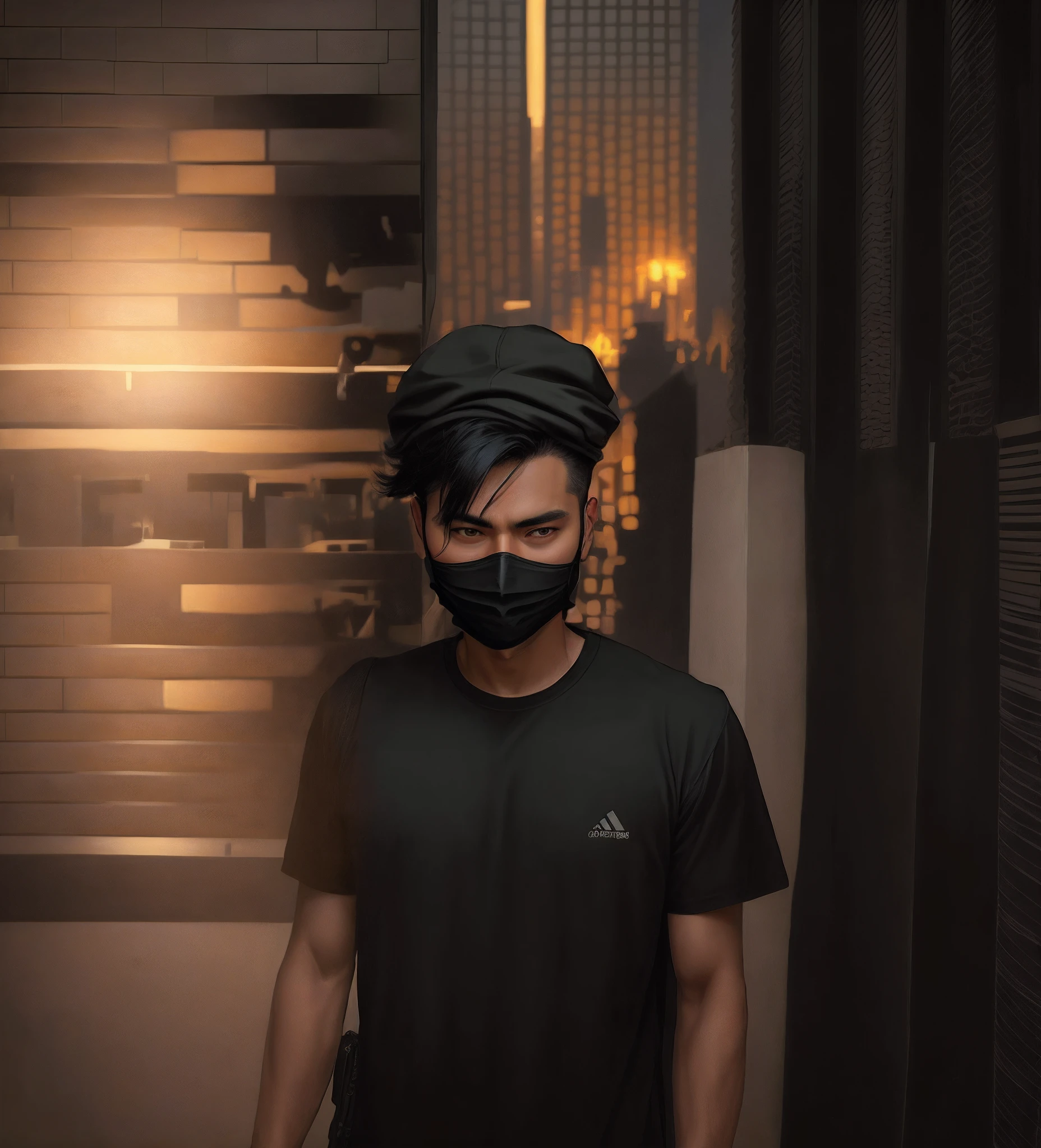 there is a man wearing a mask and a black shirt, wearing all black mempo mask, wearing mask, wearing facemask, in the style of sifu 🔥 😎 🕹️ 👀 :2, realism artstyle, portrait shot 8 k, wearing a mask, facemask, made with photoshop, mohamed chahin style, smooth in _ the background