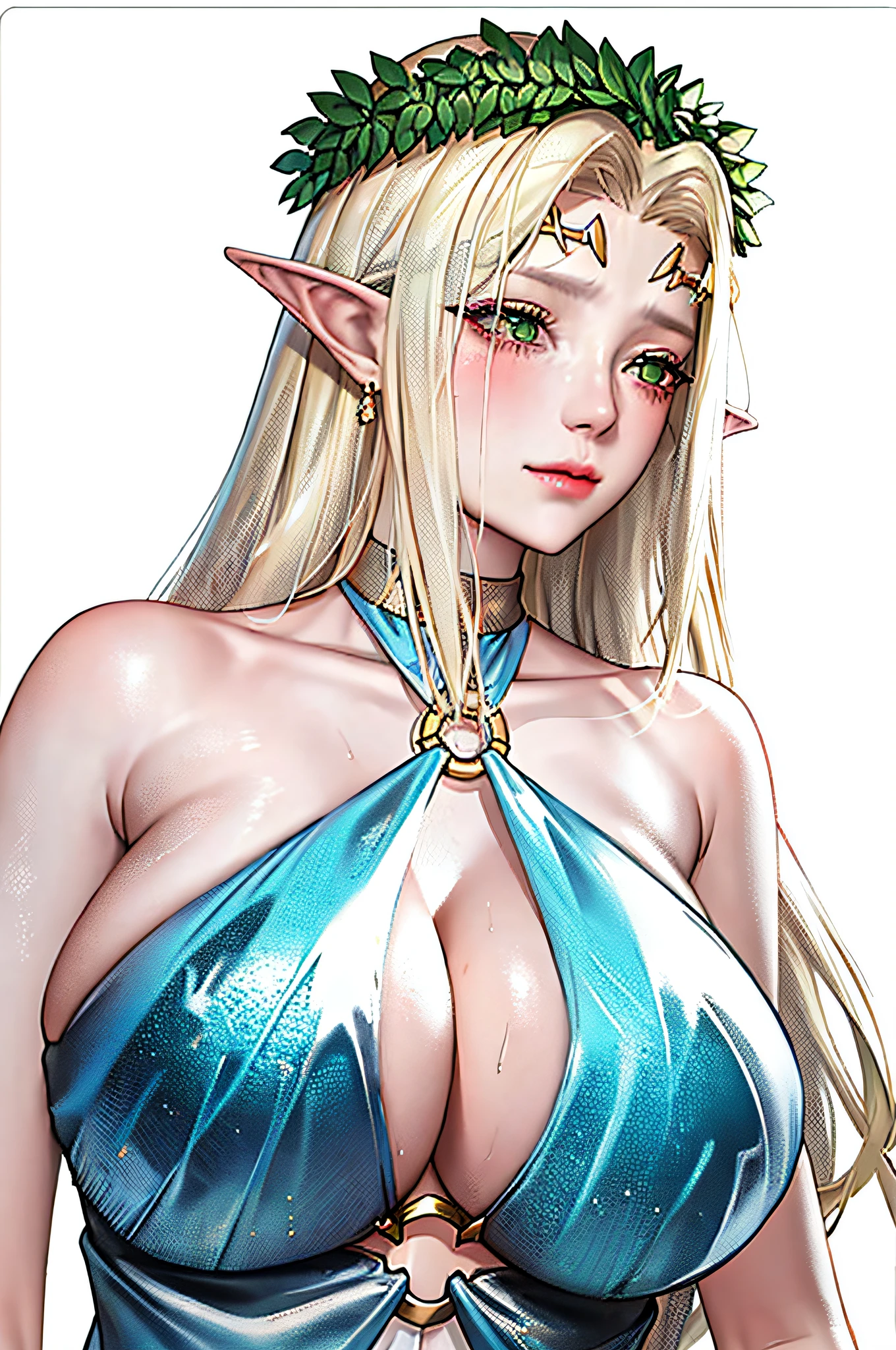 1girl, bare shoulders, blonde hair, blush, breasts, circlet, cleavage, closed mouth, dress, elf, green eyes, head wreath, huge breasts, laurel crown, long hair, looking at viewer, o-ring, o-ring top, pointy ears, simple background, solo, upper body, white background, white dress,celestine lucullus,realisic,(shiny skin),(masterpiece:1.4),(best quality:1.4)