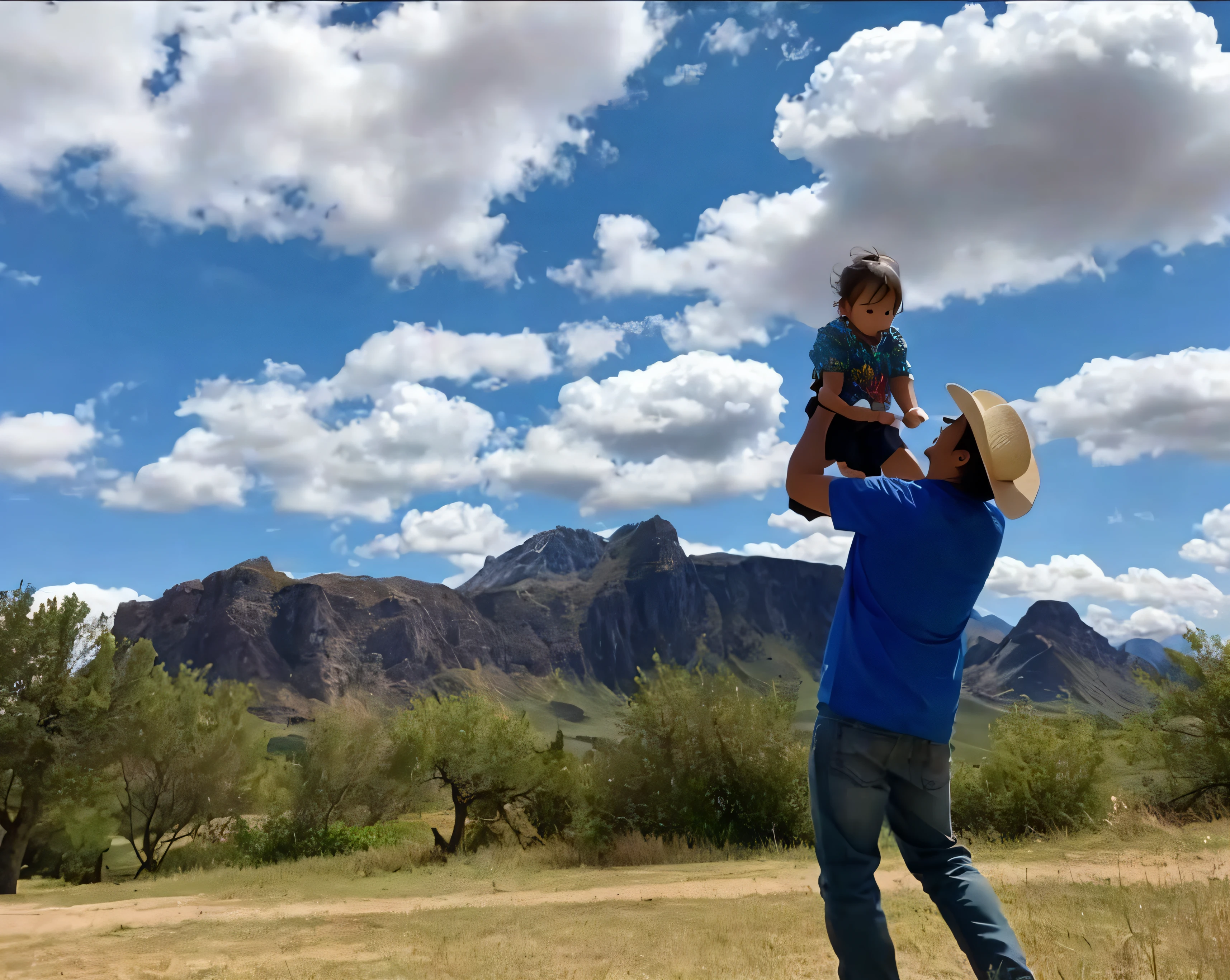 there is a man holding a child up in the air, with the gate of heaven opening up from the sky as background, towering above a small person,with the gate of heaven opening up from the sky as backgroun , with mountains in background, in a scenic background, mountains in the background, set photo, vacation photo, high quality screenshot, epic mountains in the background, breathtaking shot, with the gate of heaven opening up from the sky as backgroun