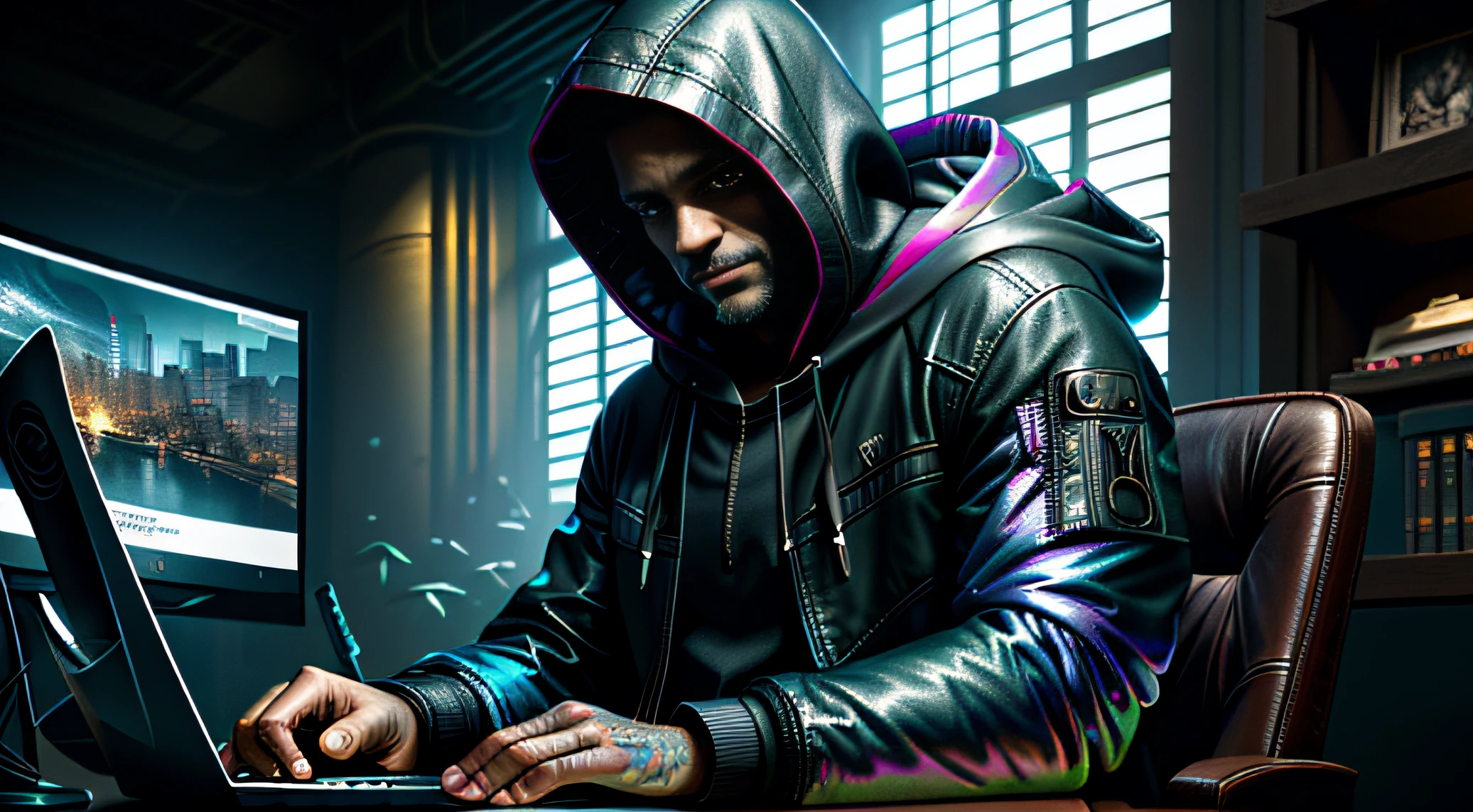 masterpiece, best illustration, solo, 1man, 40-year-old man, seated, little hair, keyboard \(computer\), leather trim, computer, monitor, hood, jacket, hood down, chair, city, instrument, cyberpunk, \(\(intricate details\)\),colorful details, iridescent colors BREAK,\(\(best quality masterpiece\)\),4k, ultra detailed, detailed lighting, official art, promotional art, composition,