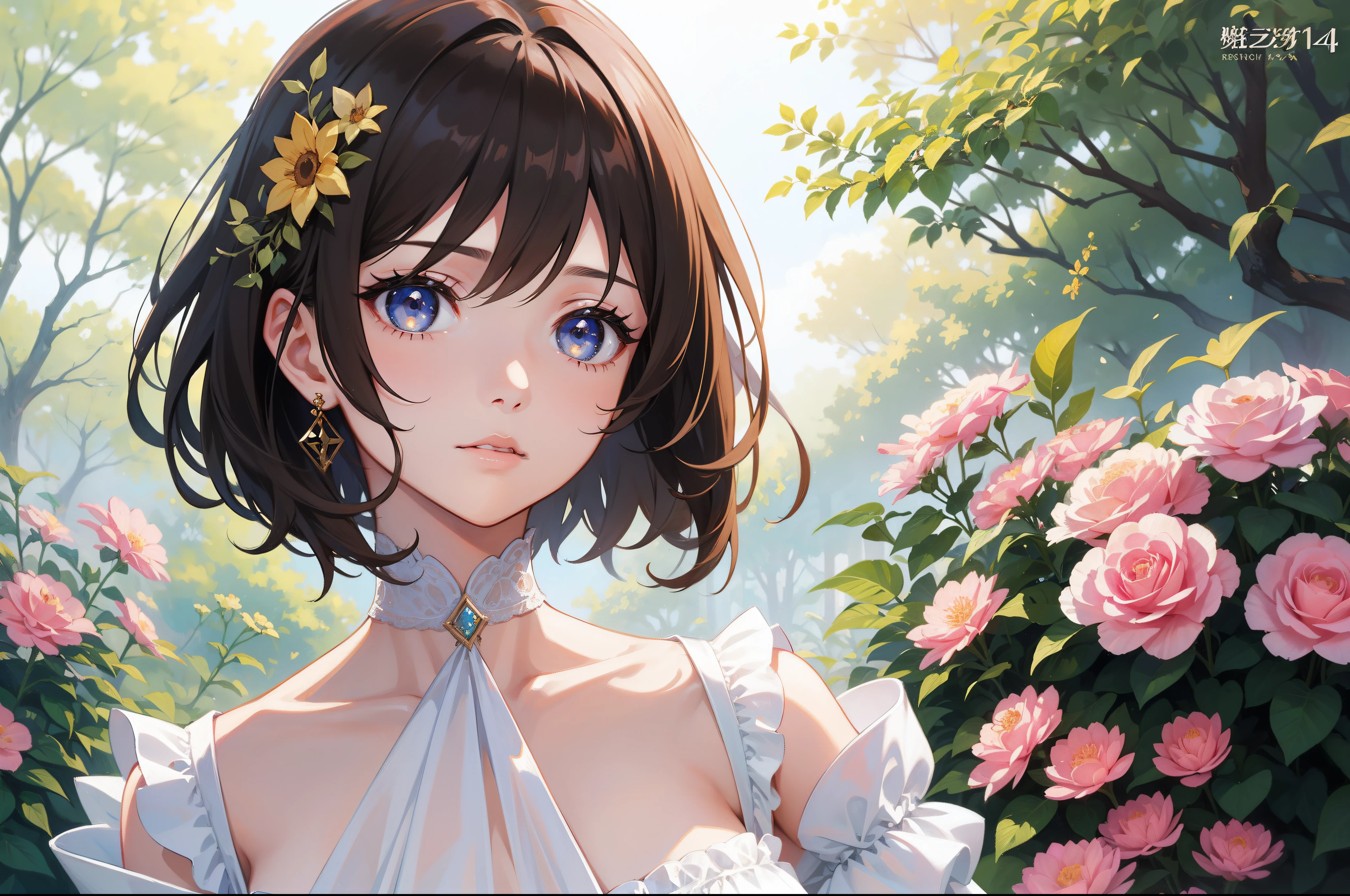 Official Art, Masterpiece European female face, short hair, lightbrown hair, brown eyes , flower garden , (masterpiece、top-quality、hight resolution: 1.4),in 8K, Drawing of a woman with short lightbrown hair, highly detailed exquisite fanart, anime fantasy illustration, clean detailed anime art, detailed anime art, Sharp Focus, Delicate Beautiful Hair and Eyes and Face, realisitic, ultra-detailliert, a beauty girl, sunlight
