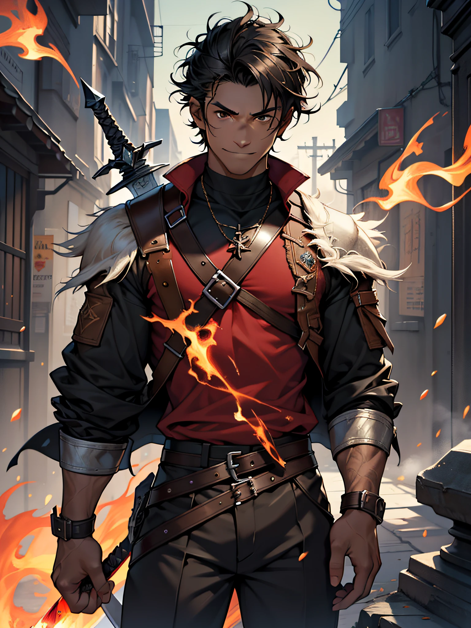1boy, light caramel skin color, unkempt medium rough black hair, fantasy clothes, jacket, brown pants, brown eyes, smirking, absurdres, high res, ultrasharp, 8K, masterpiece, looking at viewer, hold a red flame one hand, holding sword over shoulder in the other, flaming sword, black obelisk pommel and hilt