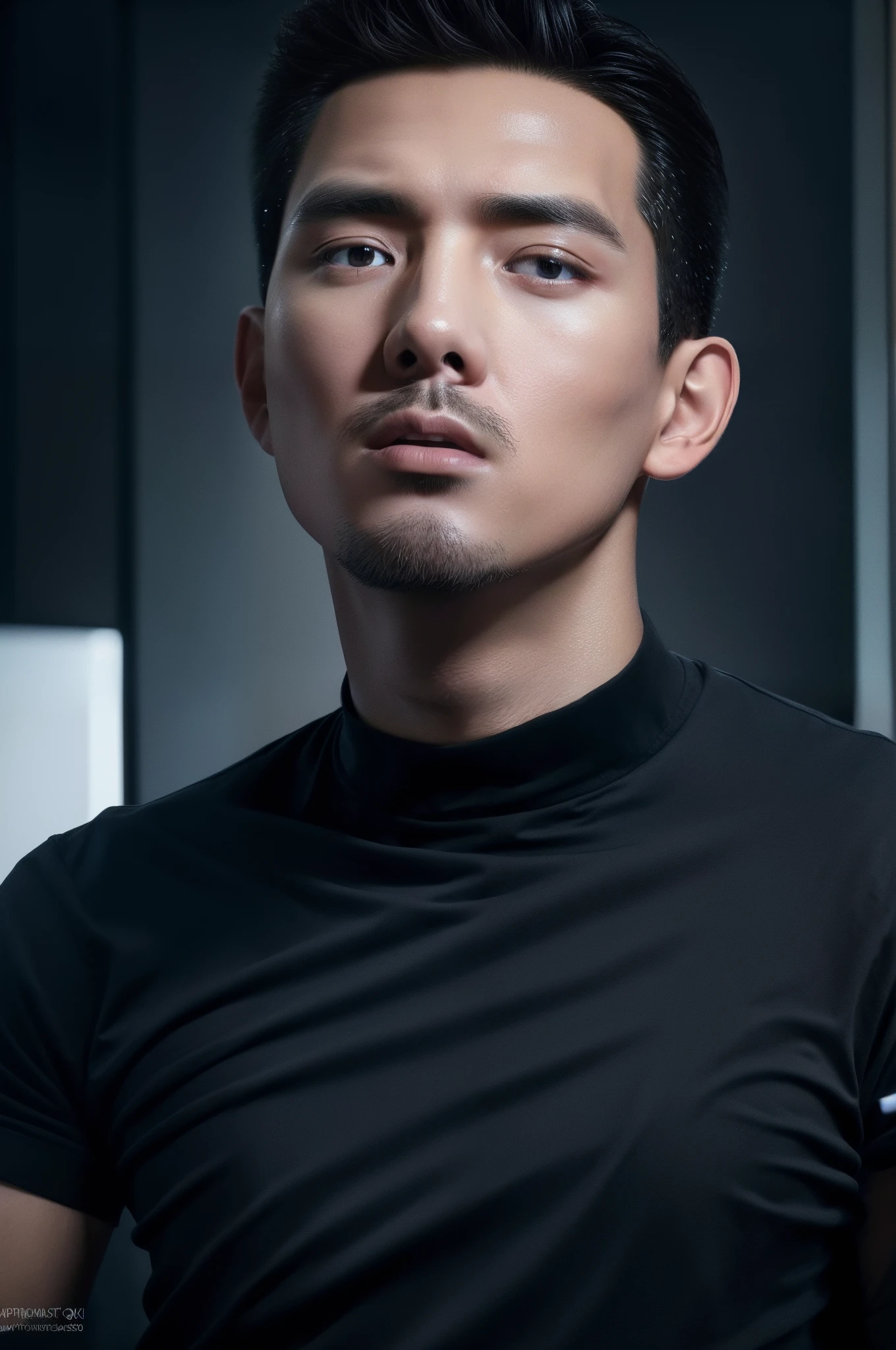 an award winning photograph of a (handsome man:1.1), detailed, trending on artstation((Best Quality, 8k, Masterpiece:1.3))), black shirt,