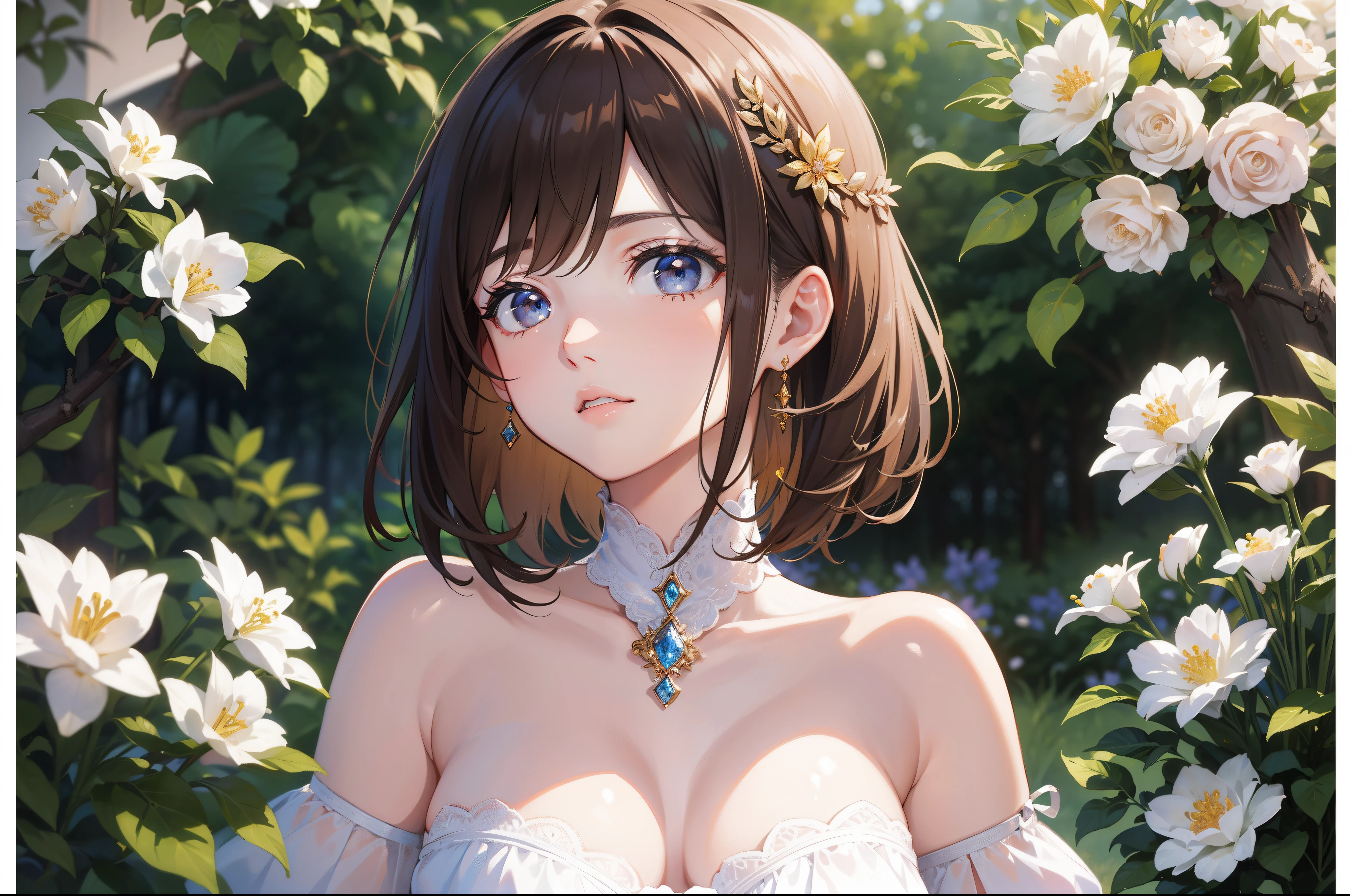 Official Art, Masterpiece European female face, short hair, lightbrown hair, brown eyes , flower garden , (masterpiece、top-quality、hight resolution: 1.4),in 8K, Drawing of a woman with short lightbrown hair, highly detailed exquisite fanart, anime fantasy illustration, clean detailed anime art, detailed anime art, Sharp Focus, Delicate Beautiful Hair and Eyes and Face, realisitic, ultra-detailliert, a beauty girl, sunlight