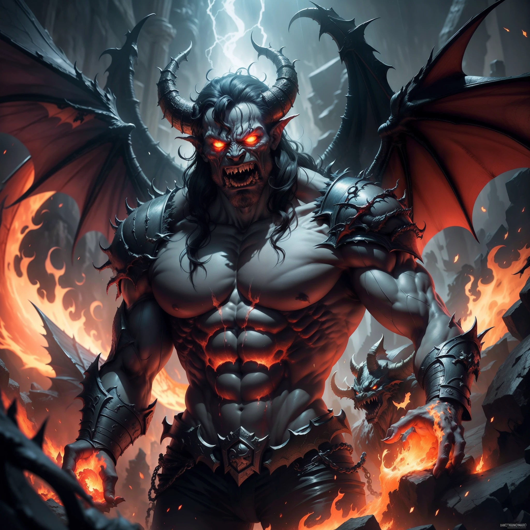 Bright red male demon, abs, very muscular, tall and heavy, bold and brutal, rabid, proud, greedy, with horns and fangs on his head, open arms in a pose that pounces at any moment, draw as far as it fits on the right side of the screen, gargoyles, dynamic poses, the background is the deepest part of the underground dungeon, the walls of the dungeon have rocks, abysses, evil altars, The bones of the victims are scattered, the light source is only torches, magnificent dark fantasy art, photorealistic, super high quality, super detail, masterpiece