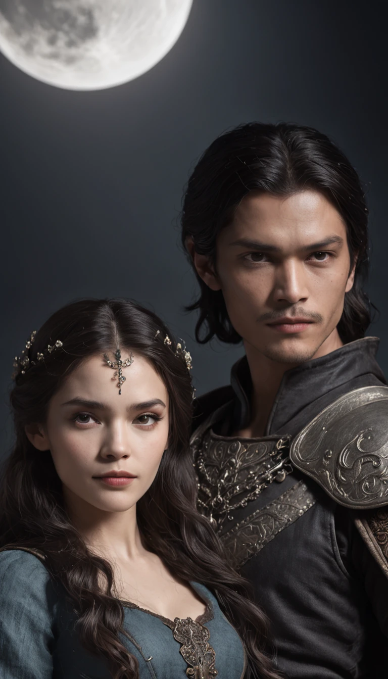 a medieval fantasy movie poster in the style of Shadow and bone, but in the moon of the series "A court of thorns and roses", with the female main character and two male characters, realistic, beautiful, detailed