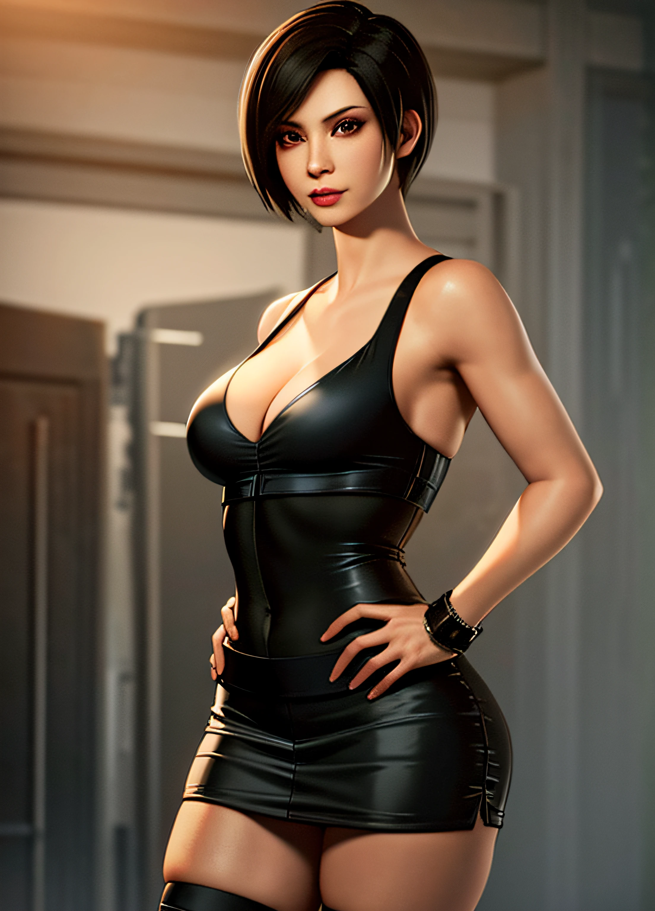 young woman 20 years old, black tube top, cleavage, black skirt, boobs, resident evil style, brown eyes, thin body, thigh highs, realistic style, 8k, medium breasts, medium butt, asian, model Ada wong realistic, real photo, realism, highres, clear face