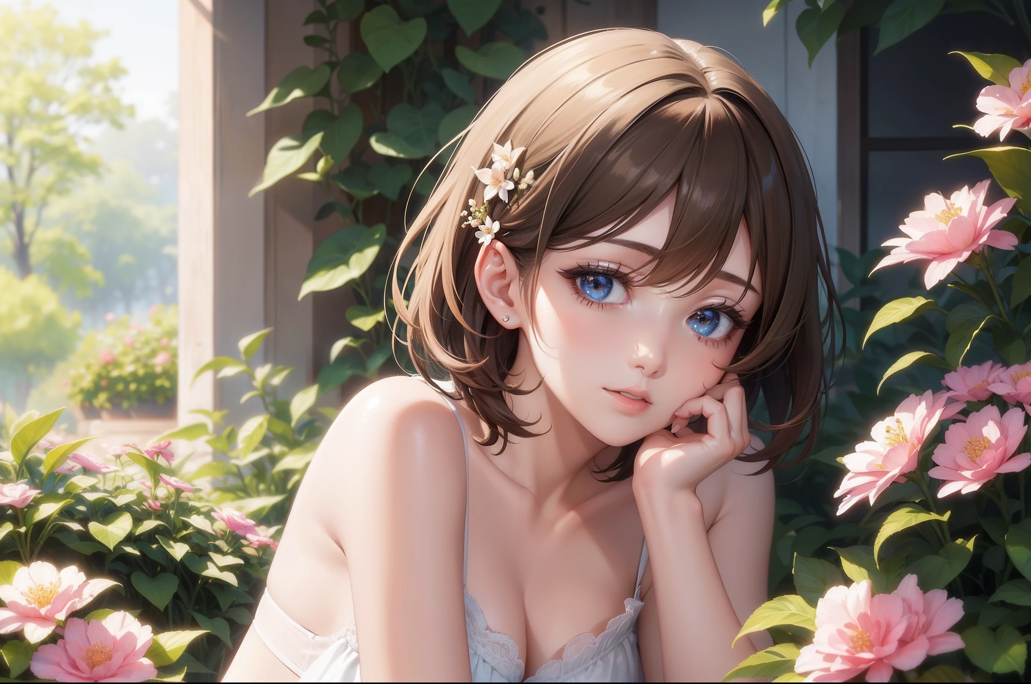 Official Art, Masterpiece European female face, short hair, lightbrown hair, brown eyes , flower garden , (masterpiece、top-quality、hight resolution: 1.4),in 8K, Drawing of a woman with short lightbrown hair, highly detailed exquisite fanart, anime fantasy illustration, clean detailed anime art, detailed anime art, Sharp Focus, Delicate Beautiful Hair and Eyes and Face, realisitic, ultra-detailliert, a beauty girl, sunlight