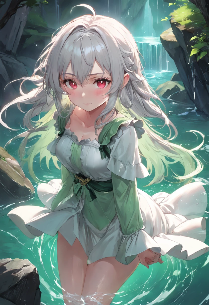 Ahoge, (masterpiece), superior quality, high resolution, extremely detailed, detailed background, detailed background, detailed background, detailed background,cinematic lighting, exterior, 1girl, elf woman, medium hair, silver hair, showing forehead, light red eyes, small breasts, white shirt, green dress, drowned hair, middle parted hair, alda, ruffles, brown cape, lace trim, ruffled sleeves, ruffled skirt, thigh length, booties, face in love, shaded face, woman's face, flirtatious smile, hands on own cheeks, white panties,